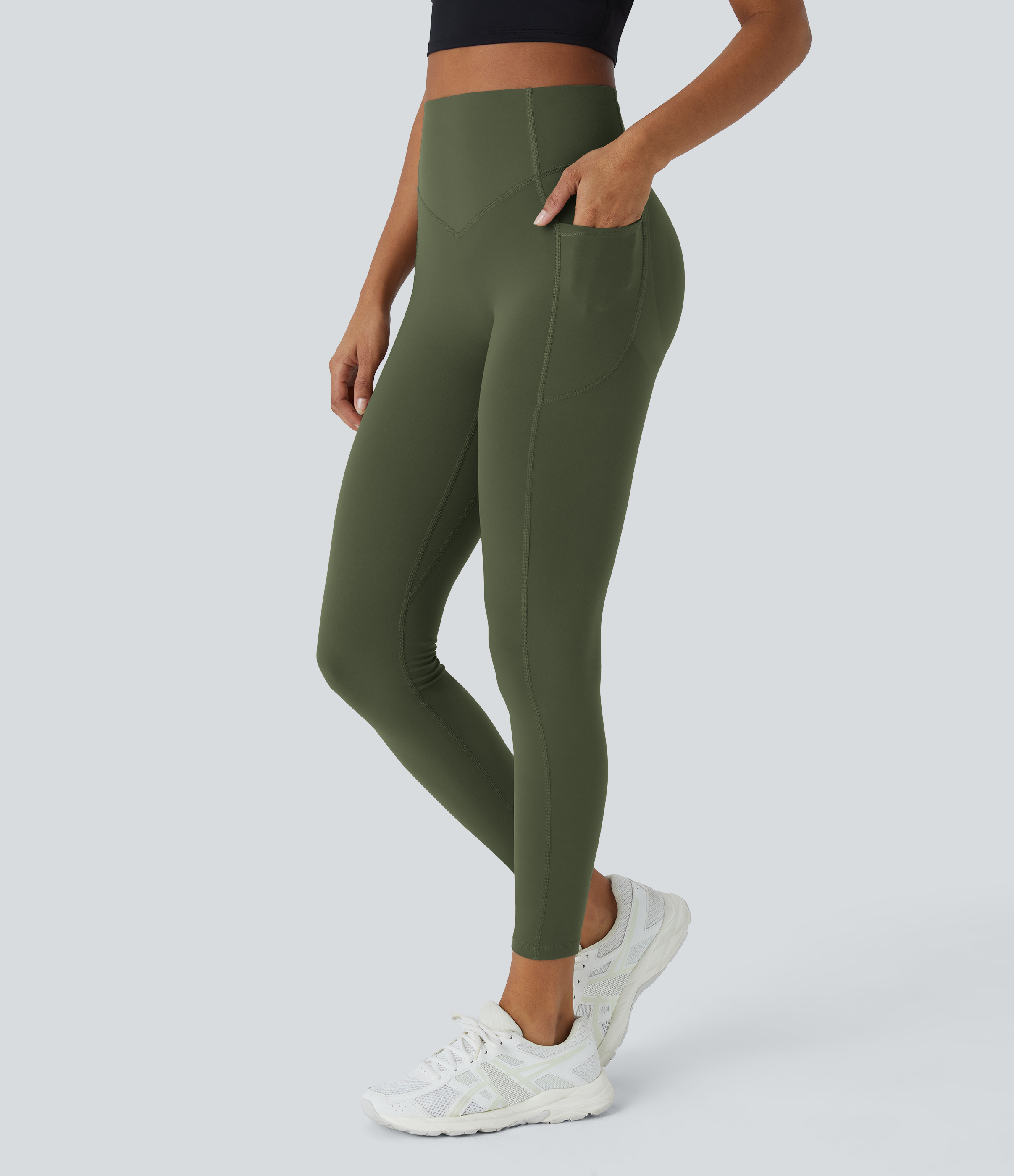 Halara SoCinched High Waisted Butt Lifting Tummy Control Side Pocket Shaping Training UltraSculpt Leggings  - Deep Woodland Green - S(7/8) 