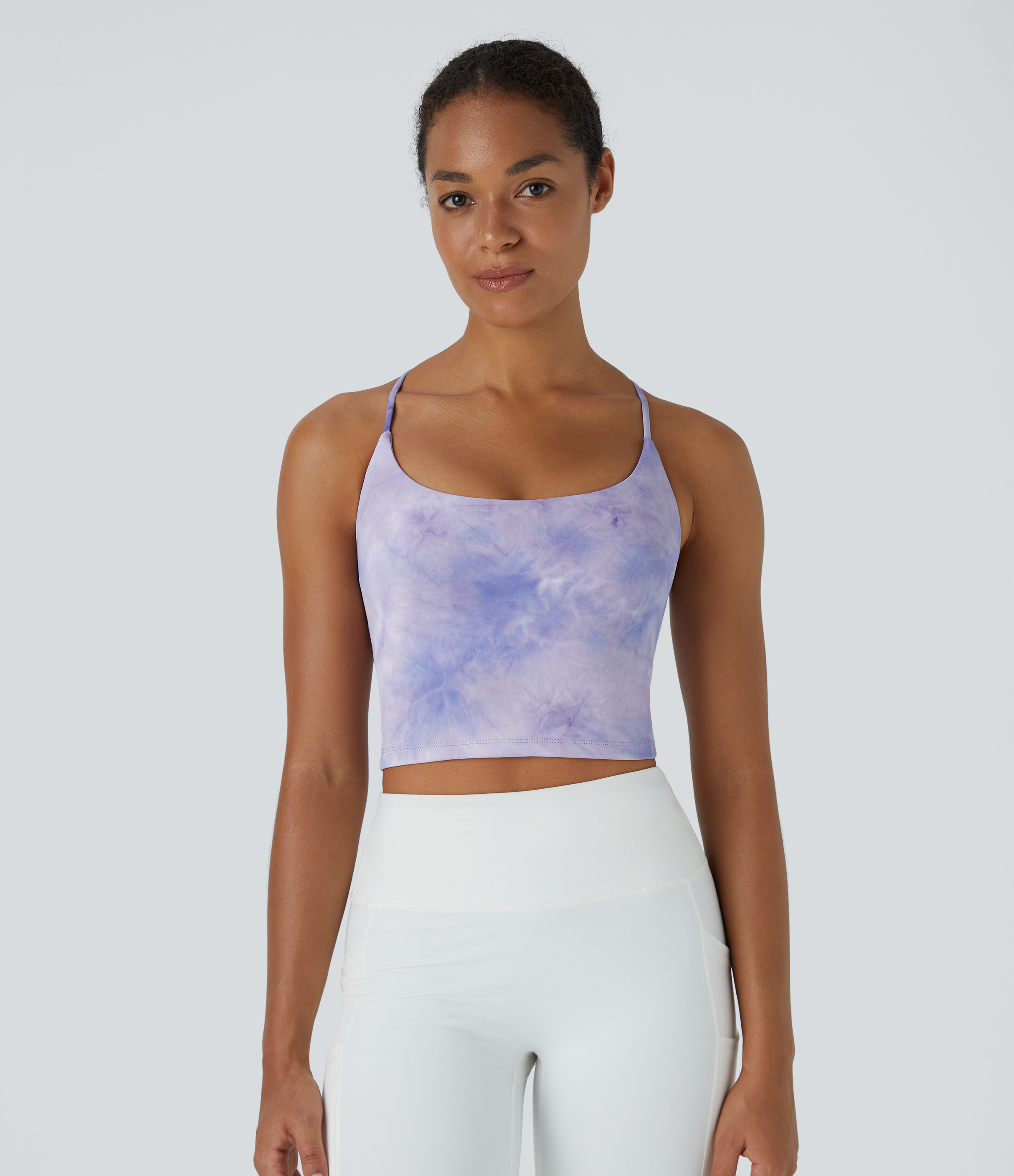 Halara Spaghetti Strap Tie Dye Backless Crisscross Lace Up Cropped Tank Top Tank Top - Tie-dye Light Purple - S golf tops halter top 