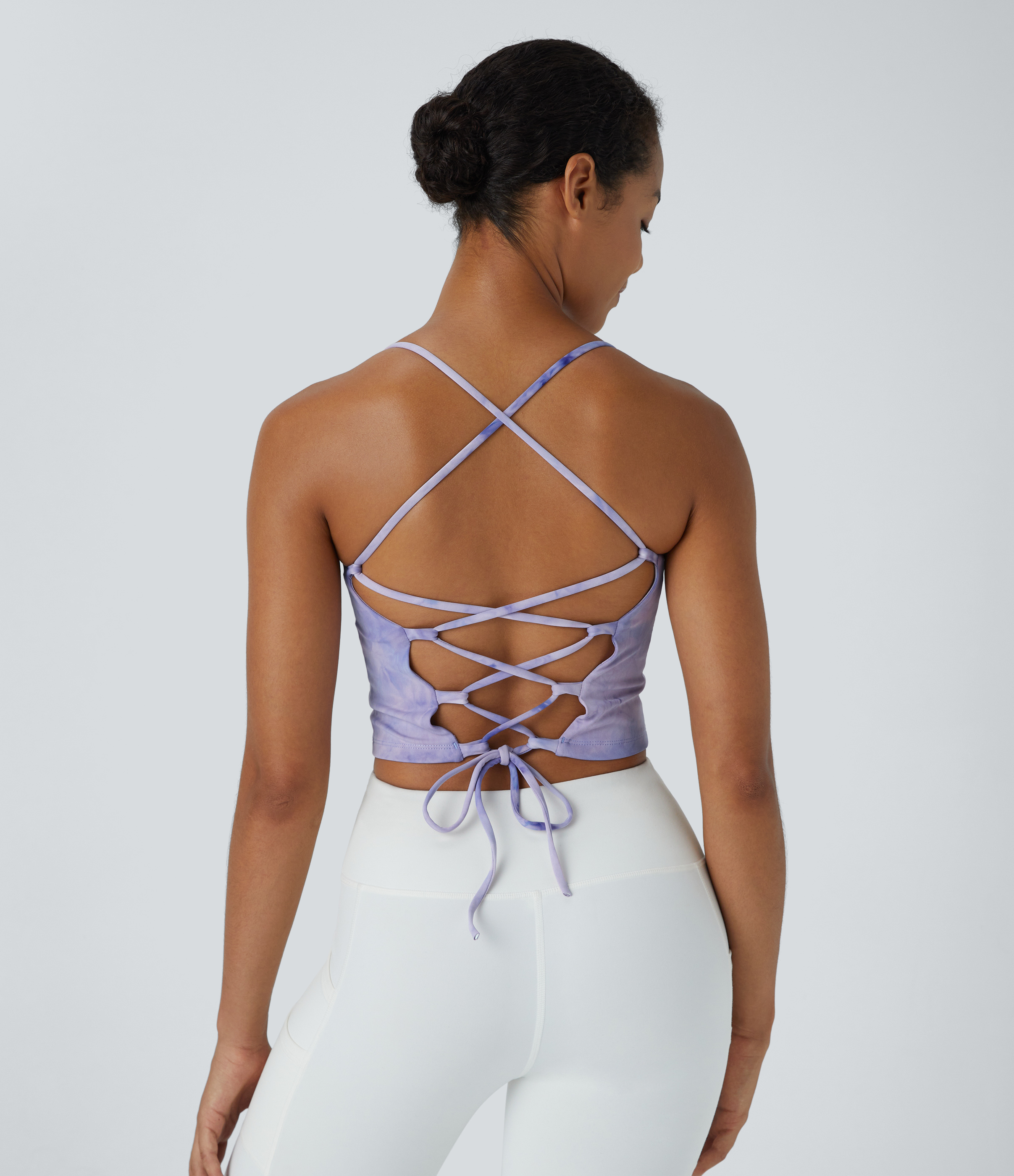 Halara Spaghetti Strap Tie Dye Backless Crisscross Lace Up Cropped Tank Top Tank Top - Tie-dye Light Purple - S golf tops halter top 