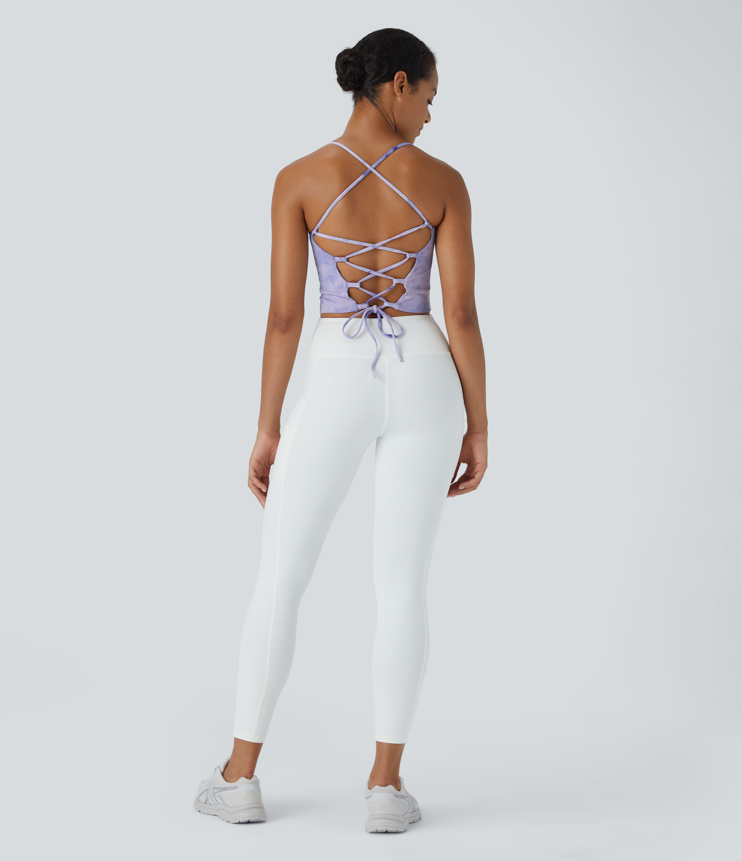 Halara Spaghetti Strap Tie Dye Backless Crisscross Lace Up Cropped Tank Top Tank Top - Tie-dye Light Purple - S golf tops halter top 