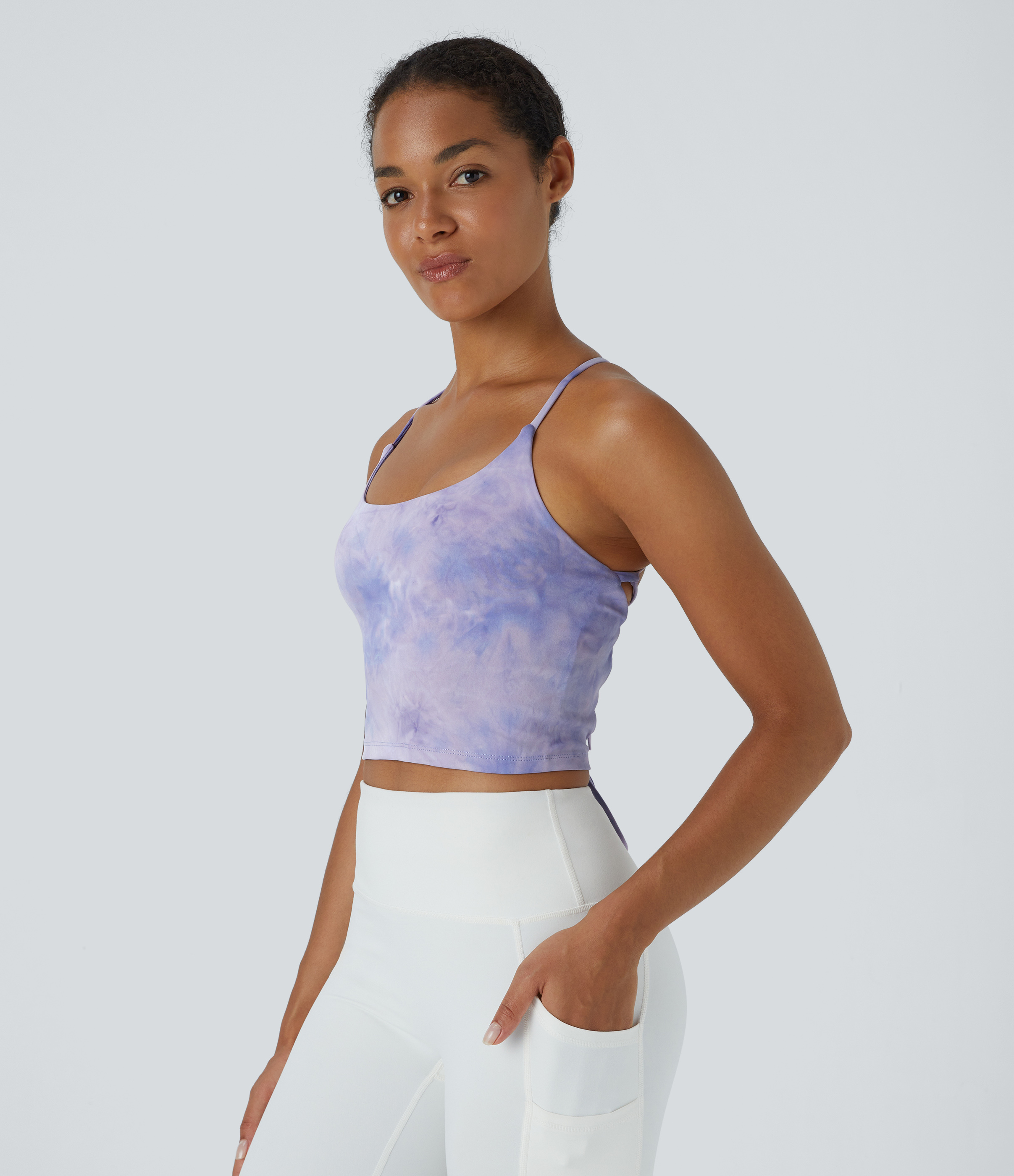 Halara Spaghetti Strap Tie Dye Backless Crisscross Lace Up Cropped Tank Top Tank Top - Tie-dye Light Purple - S golf tops halter top 