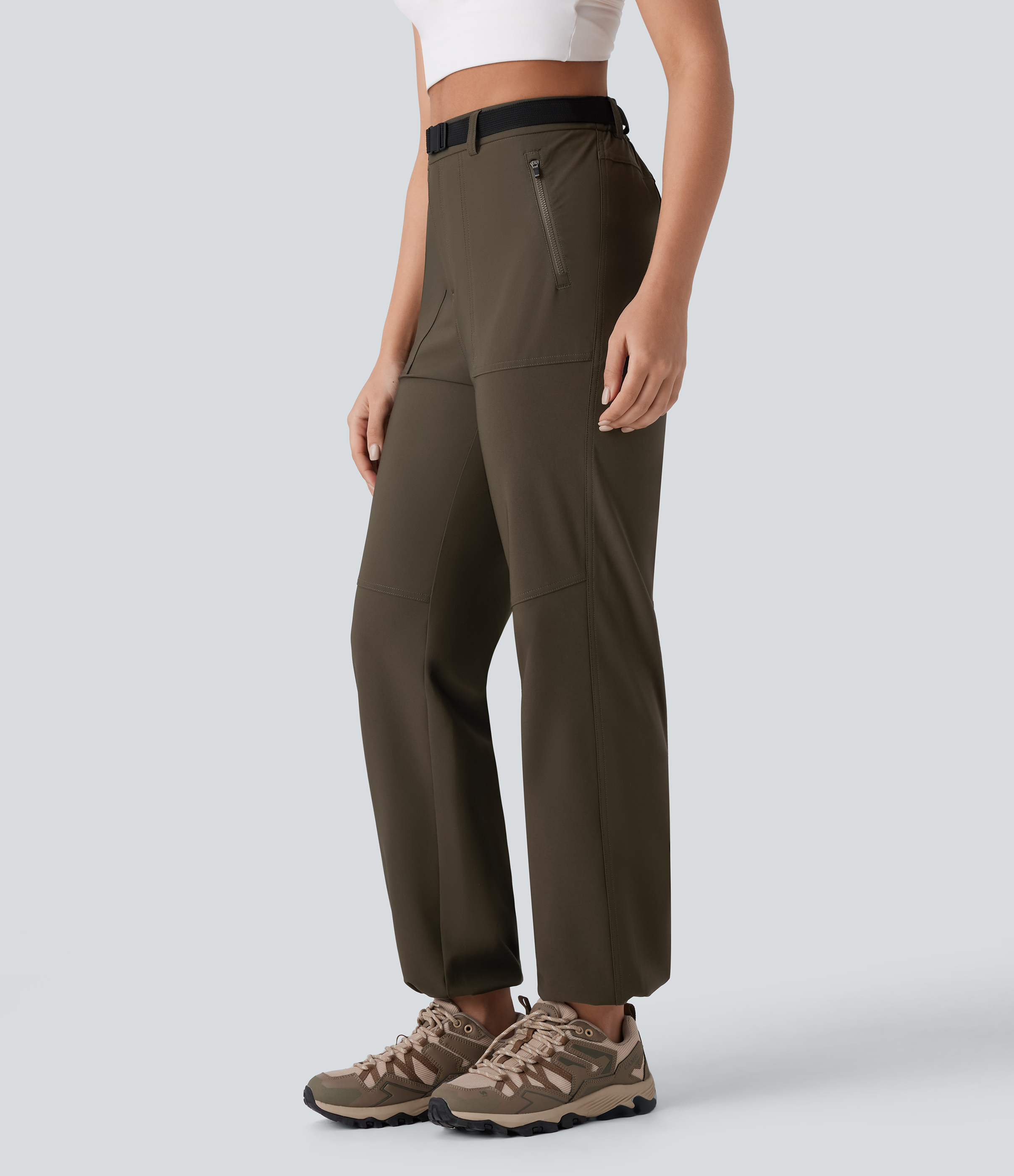 Halara Water Repellent High Waisted Belted Side Zip Pocket Straight Leg Adjustable Drawcord Hiking Pants  - Deep Sage - XL(regular) 