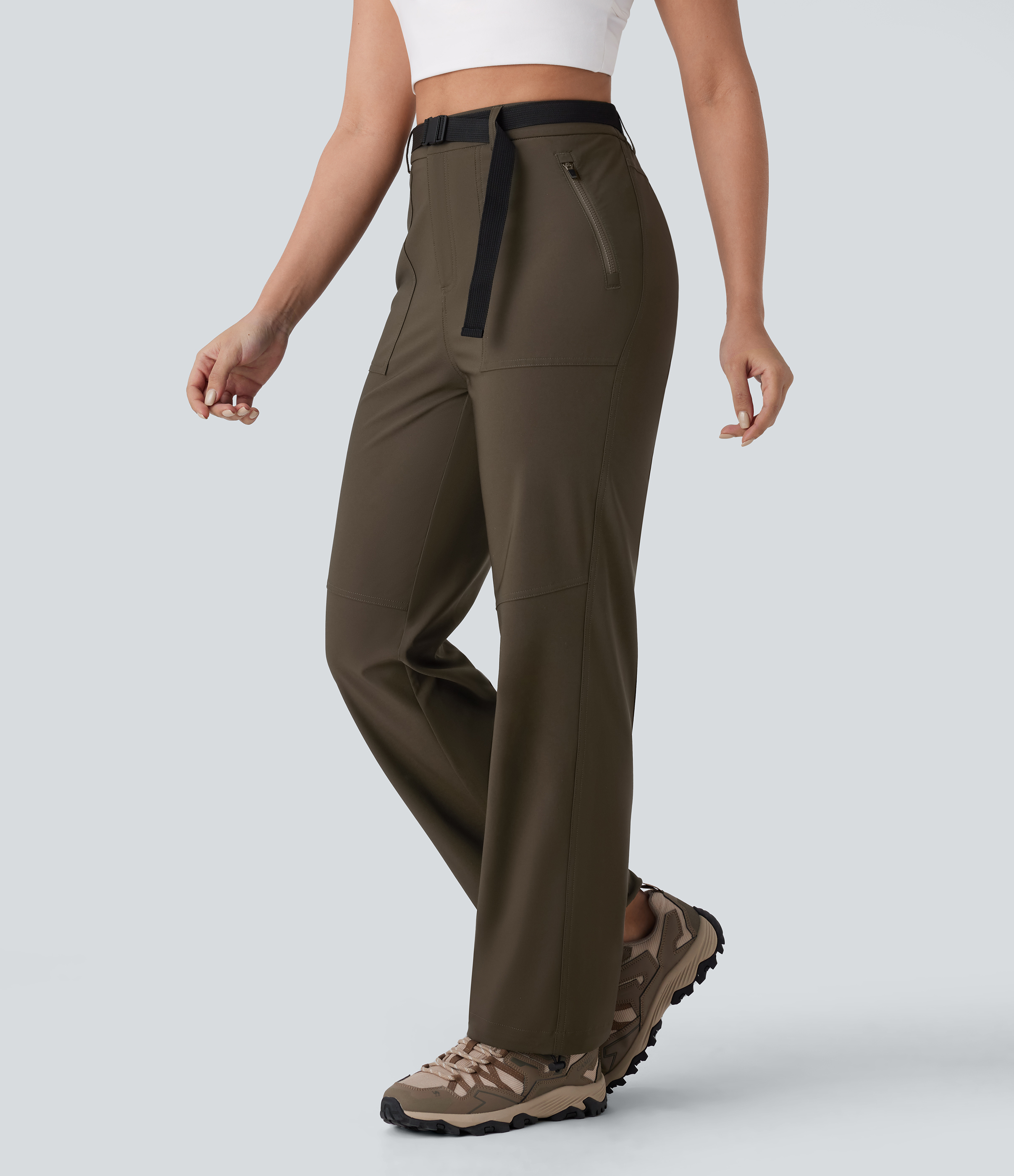 Halara Water Repellent High Waisted Belted Side Zip Pocket Straight Leg Adjustable Drawcord Hiking Pants  - Deep Sage - XL(regular) 