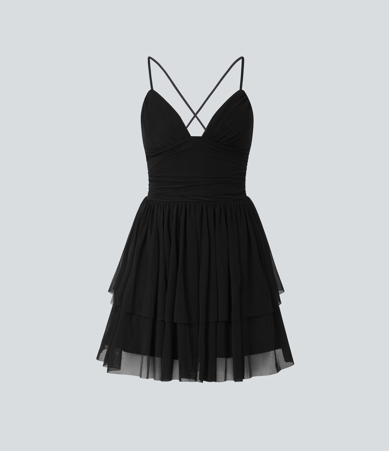 Halara Backless Crisscross Lace Up Mesh Layered Mini Party Dress Casual Dress - Black - XS slip dress beach dress ruched dress halter dress 