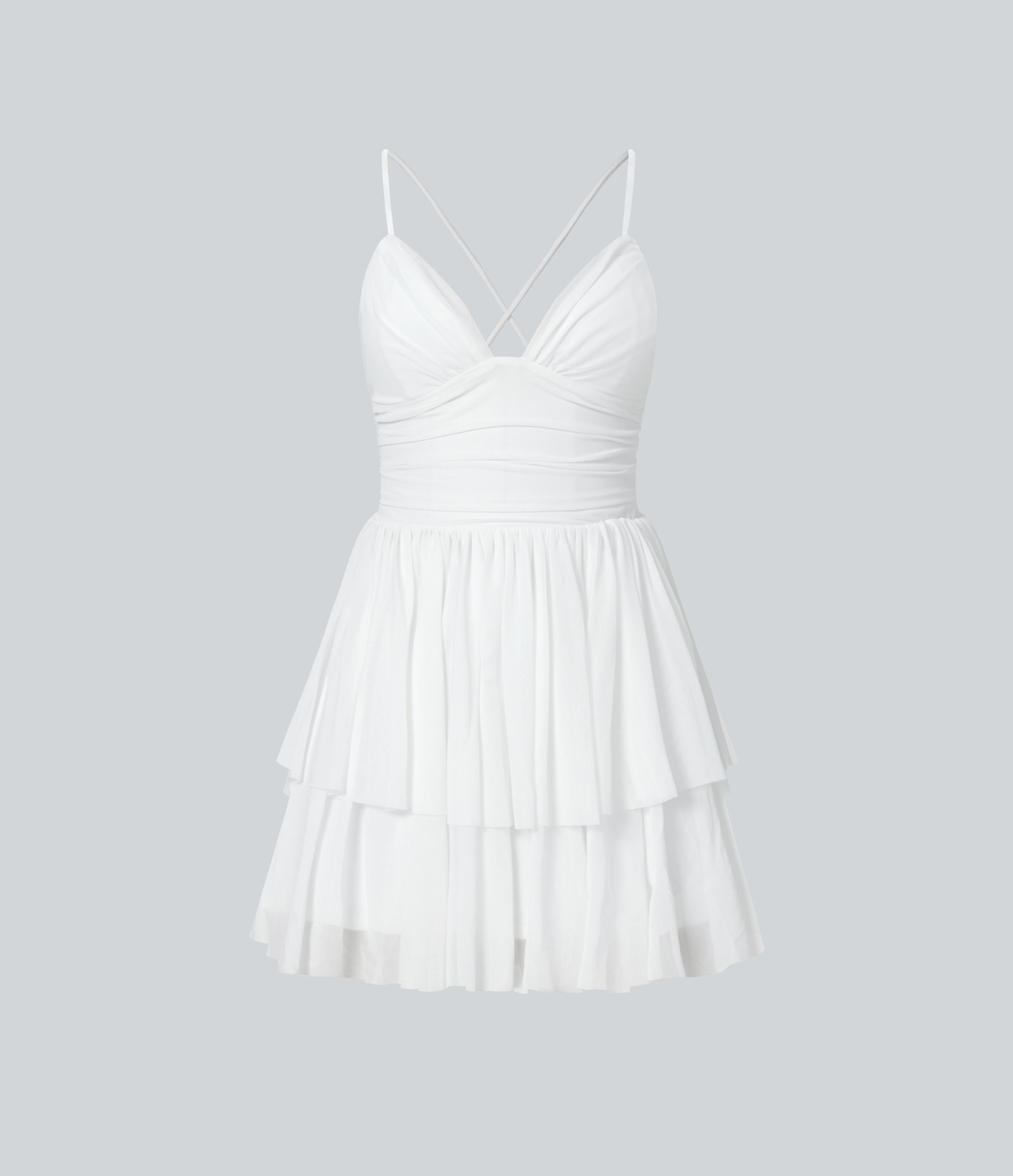 Halara Backless Crisscross Lace Up Mesh Layered Mini Party Dress Casual Dress - White - XL slip dress beach dress ruched dress halter dress 