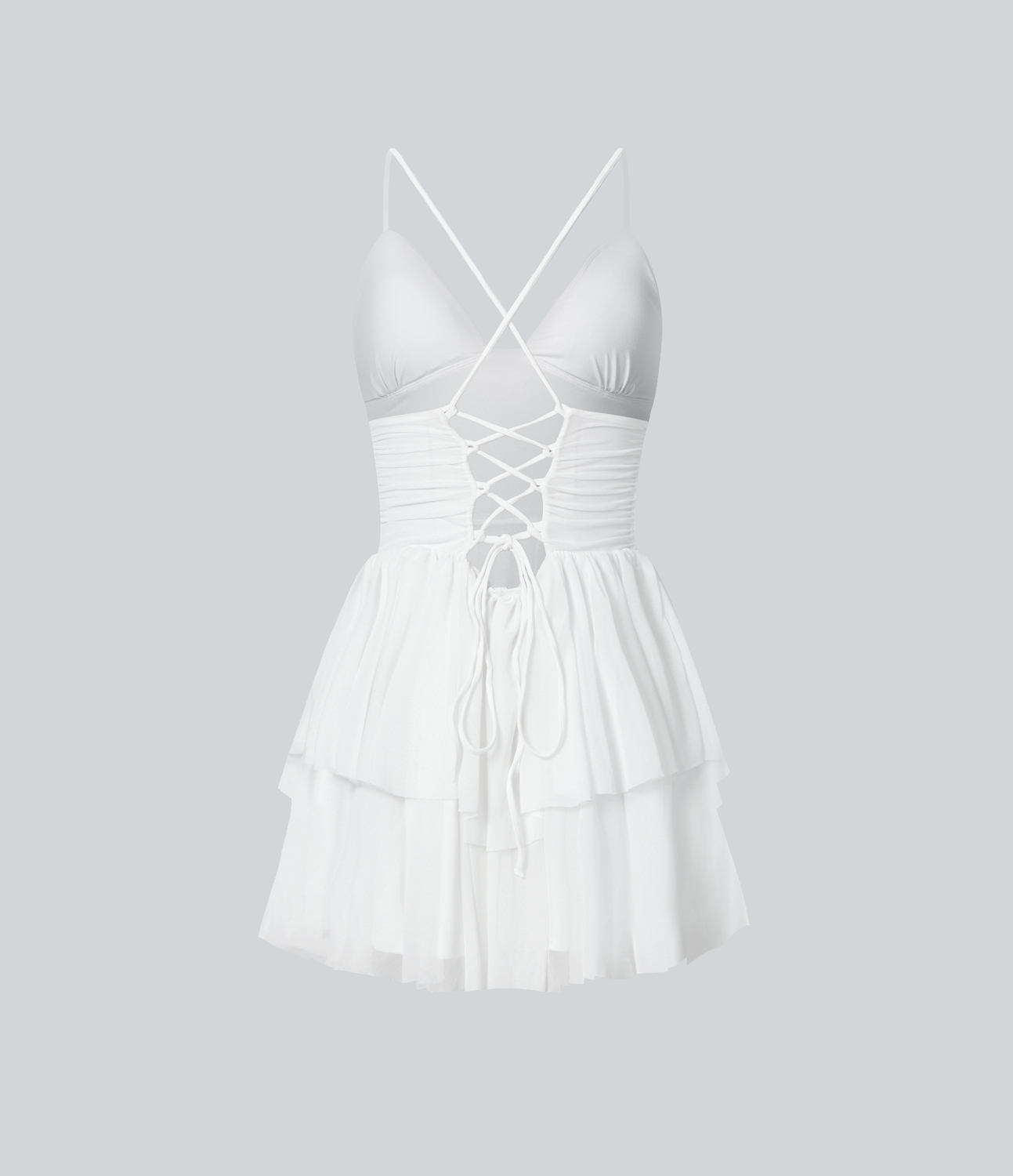 Halara Backless Crisscross Lace Up Mesh Layered Mini Party Dress Casual Dress - White - XL slip dress beach dress ruched dress halter dress 