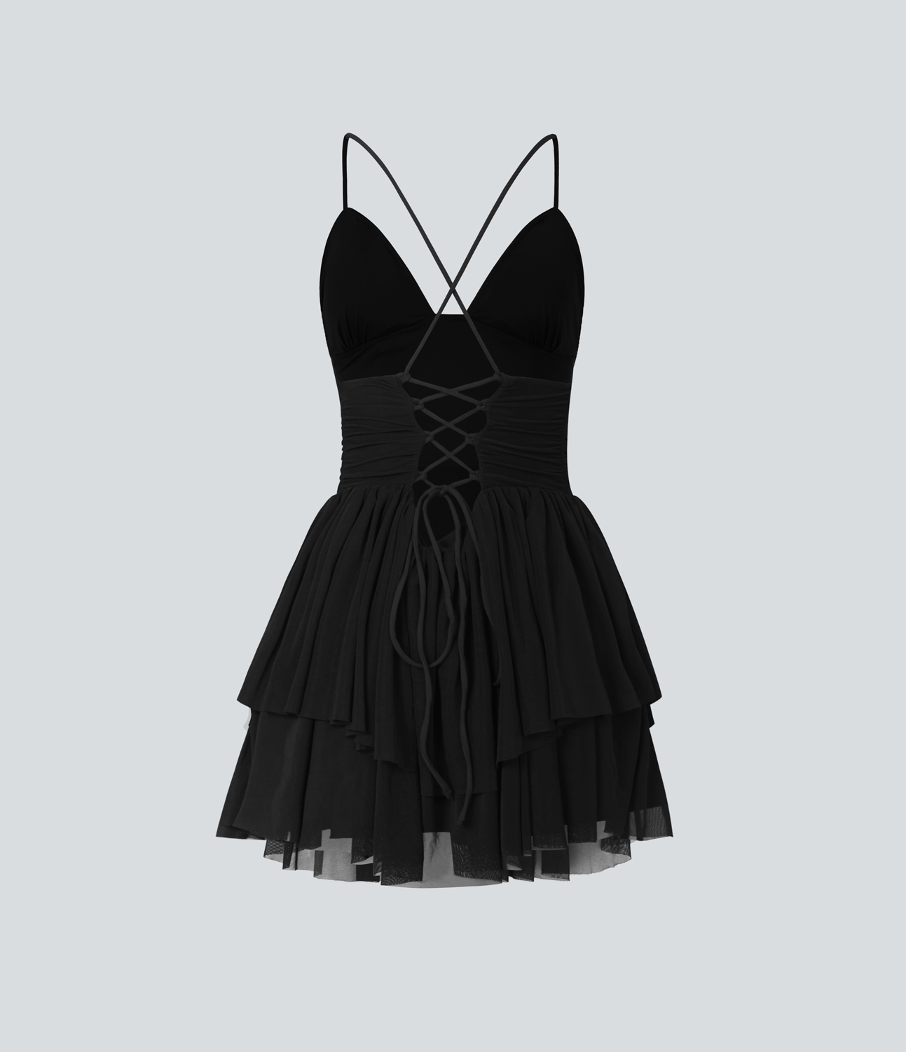Halara Backless Crisscross Lace Up Mesh Layered Mini Party Dress Casual Dress - Black - XS slip dress beach dress ruched dress halter dress 