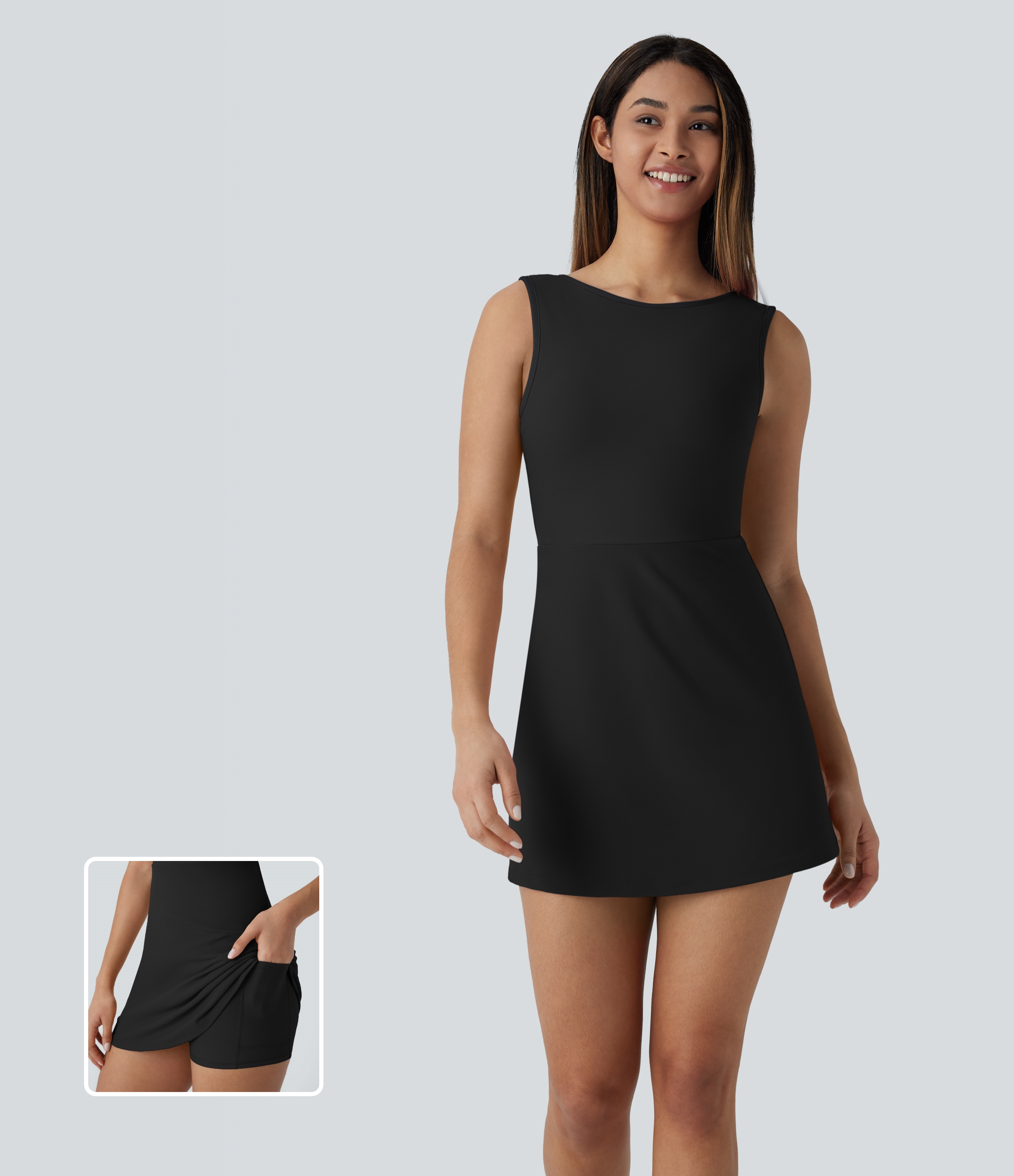 Halara Backless 2-in-1 Side Pocket Mini Tennis Active Dress Workout Dress - Black - S 