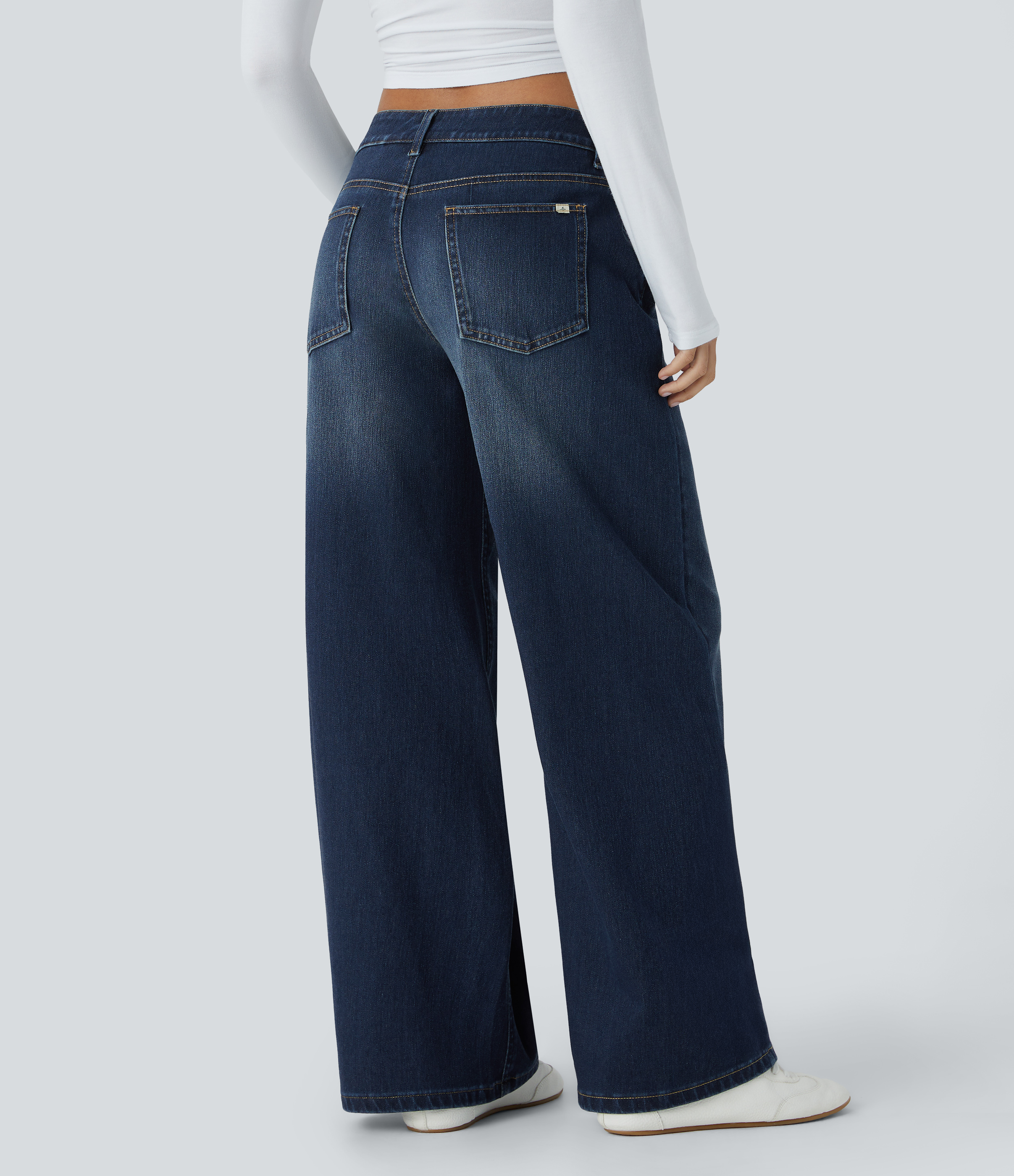 Paint Blue Denim Halara Flex™ Asymmetric Low Rise Zipper Pockets Baggy Wide Leg Washed Casual Jeans / 2
