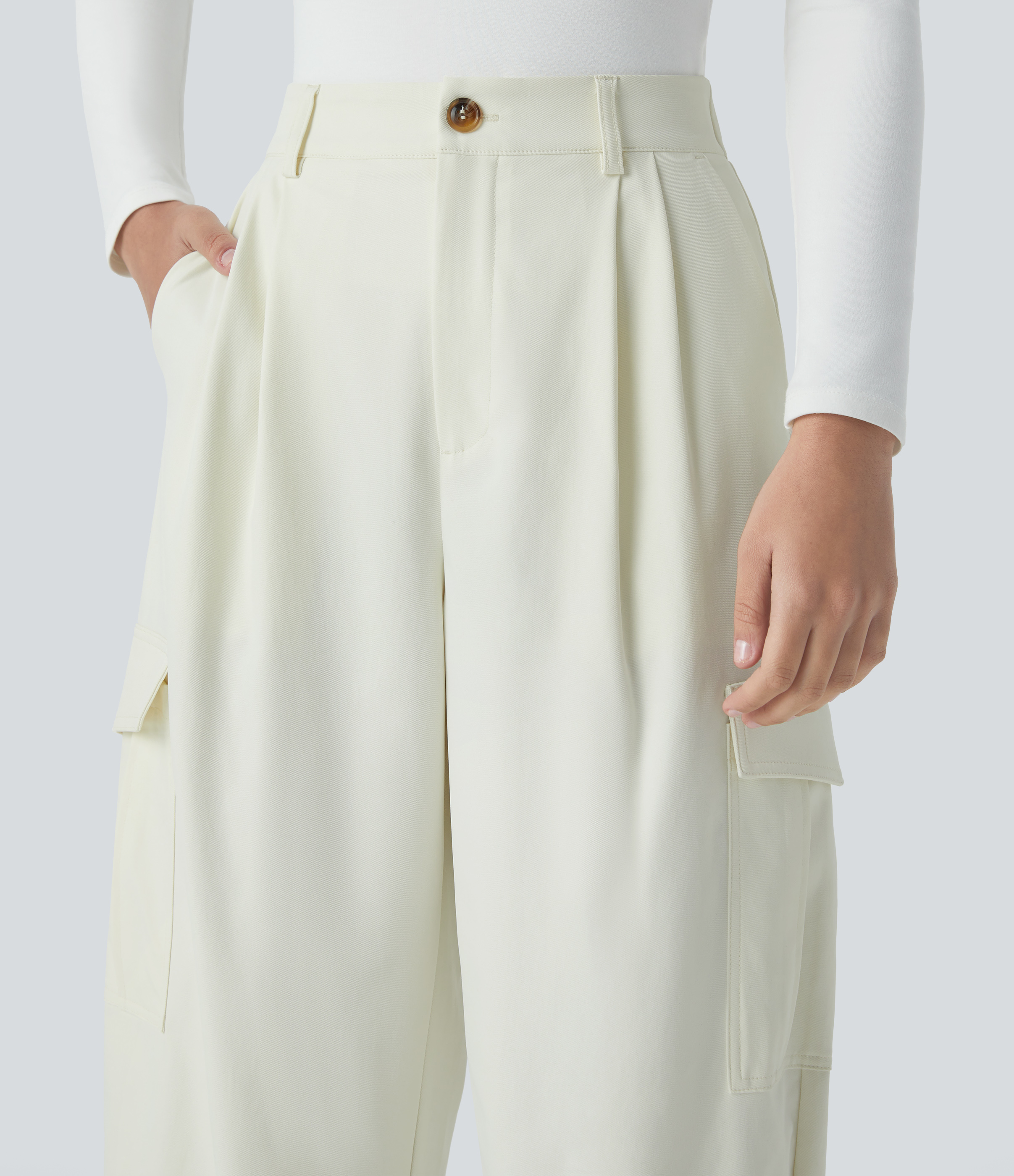 Halara Water Repellent Wear-Resistant High Waisted Multiple Pockets Cargo Barrel Leg Work Pants  - Oak White - XS(regular) sweatpants 