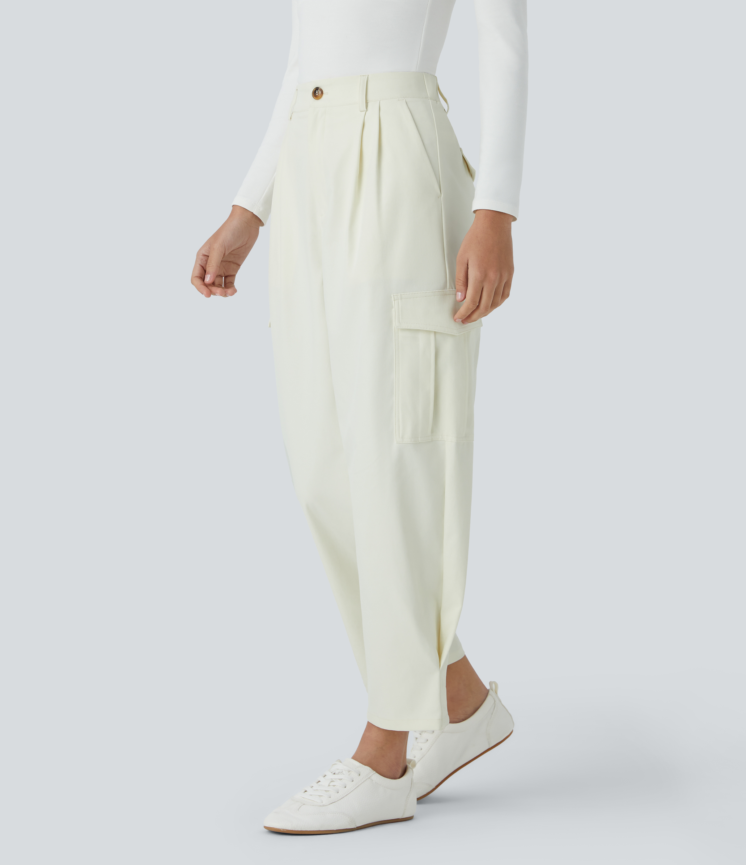 Halara Water Repellent Wear-Resistant High Waisted Multiple Pockets Cargo Barrel Leg Work Pants  - Oak White - XS(regular) sweatpants 