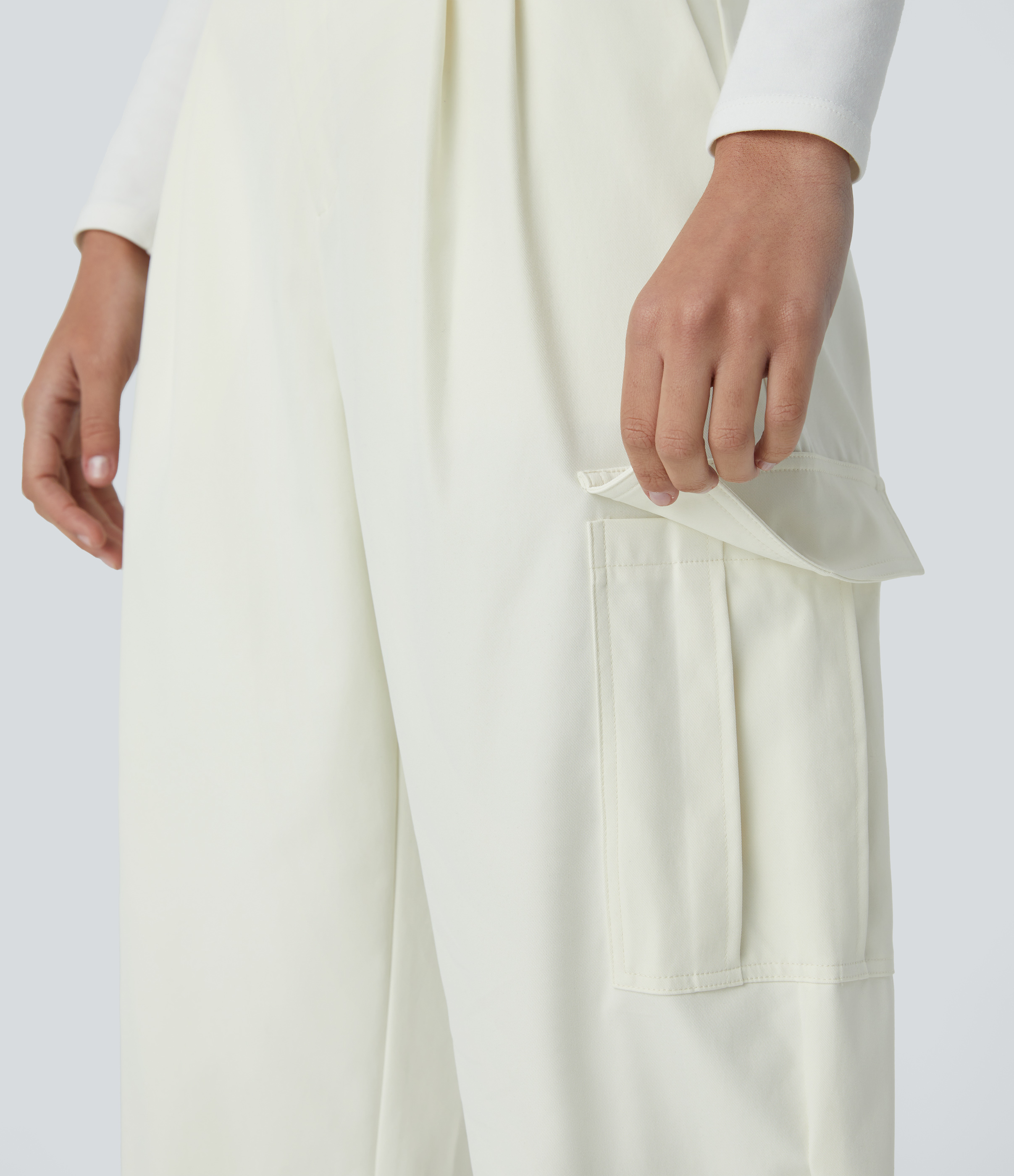 Halara Water Repellent Wear-Resistant High Waisted Multiple Pockets Cargo Barrel Leg Work Pants  - Oak White - XS(regular) sweatpants 