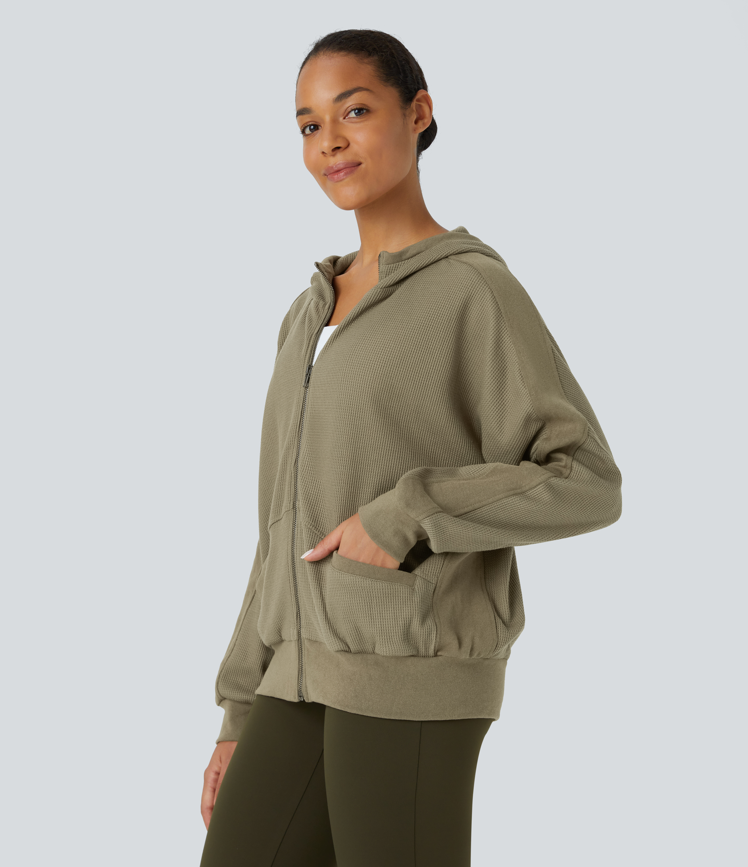 Halara Hooded Zipper Dropped Shoulder Pocket Waffle Casual Jacket  - Deep Drape Green - M 