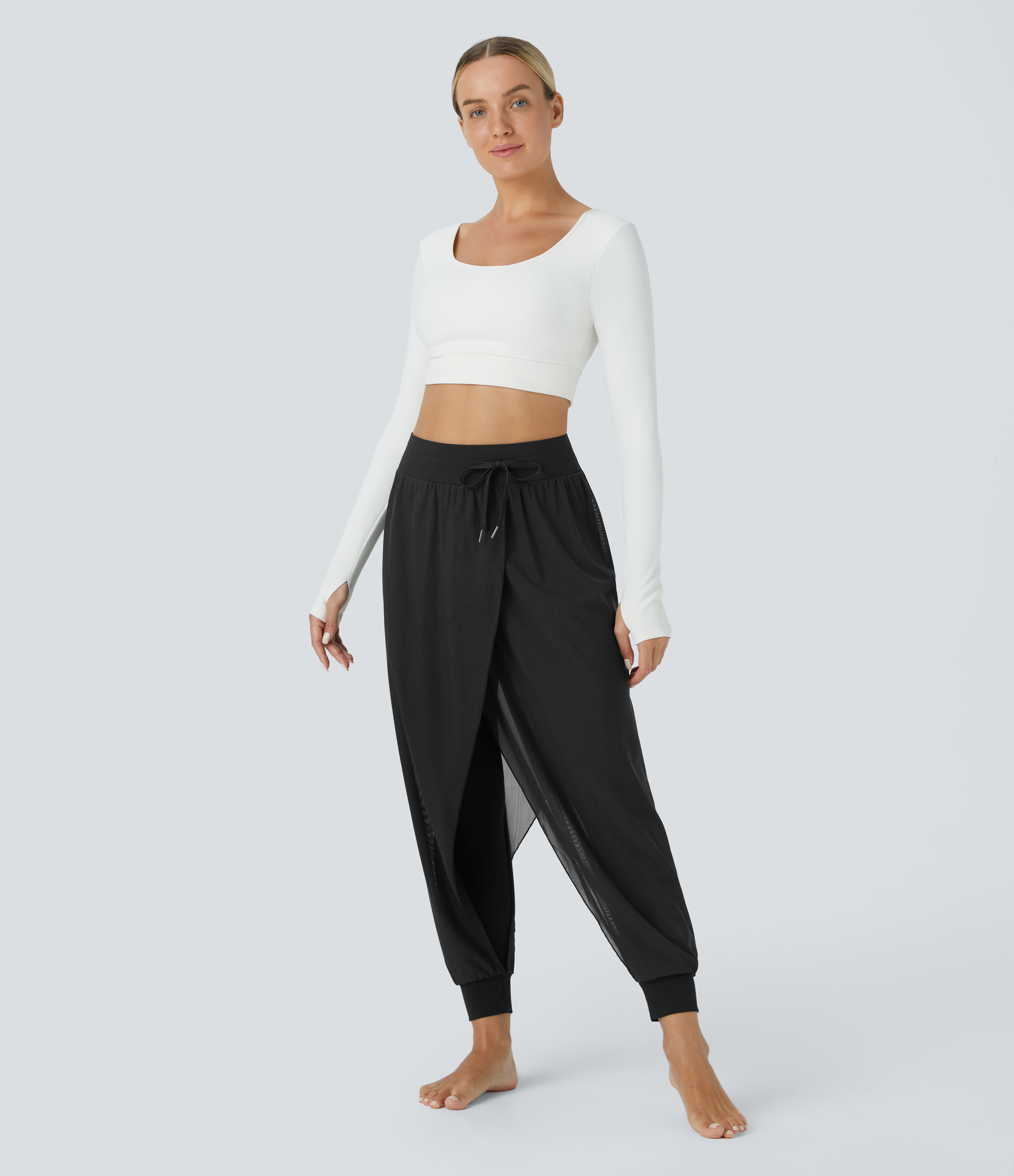 Halara High Waisted Side Drawstring Contrast Mesh Flowy Solid Yoga Joggers  - Black - M 