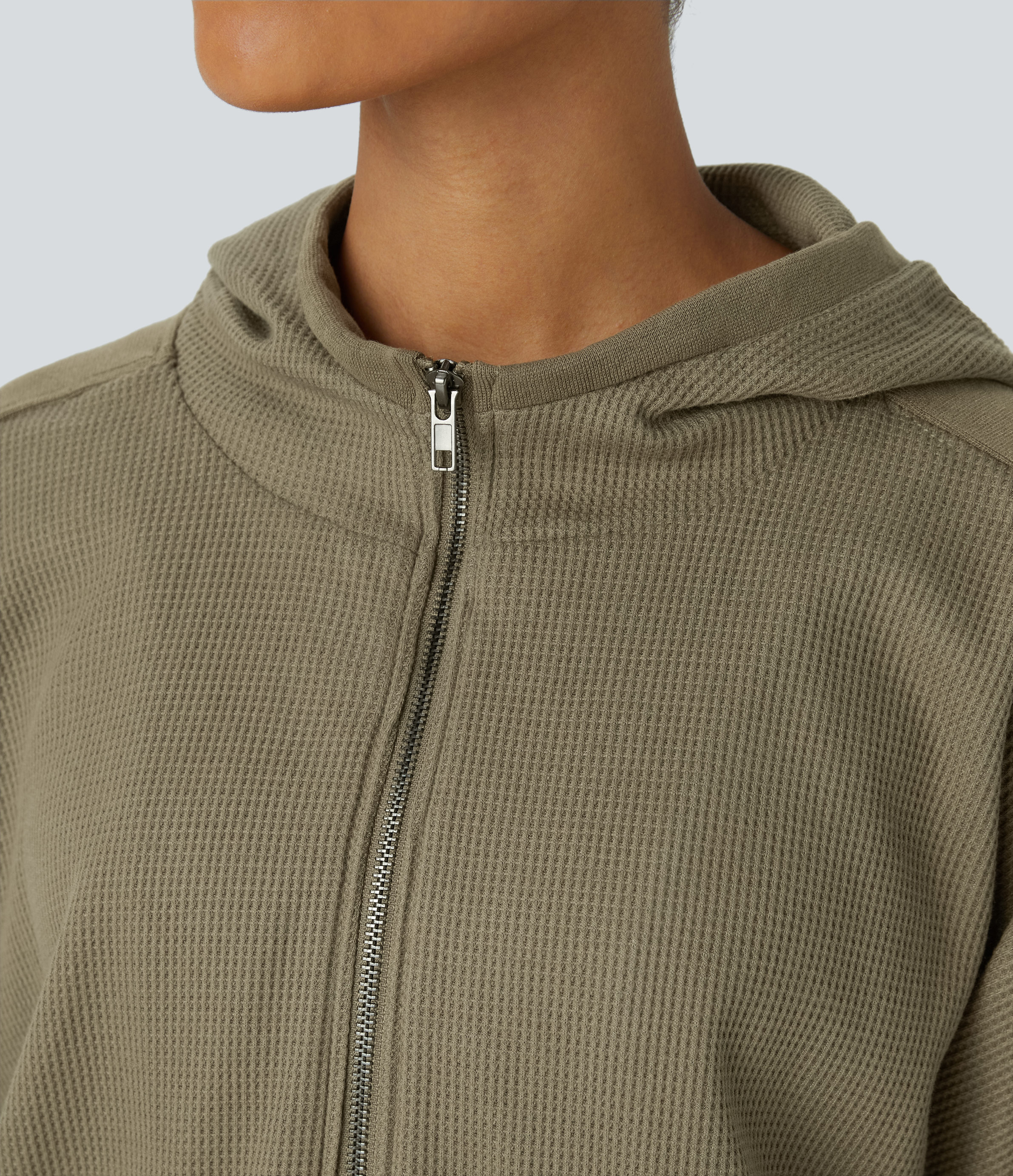 Halara Hooded Zipper Dropped Shoulder Pocket Waffle Casual Jacket  - Deep Drape Green - M 