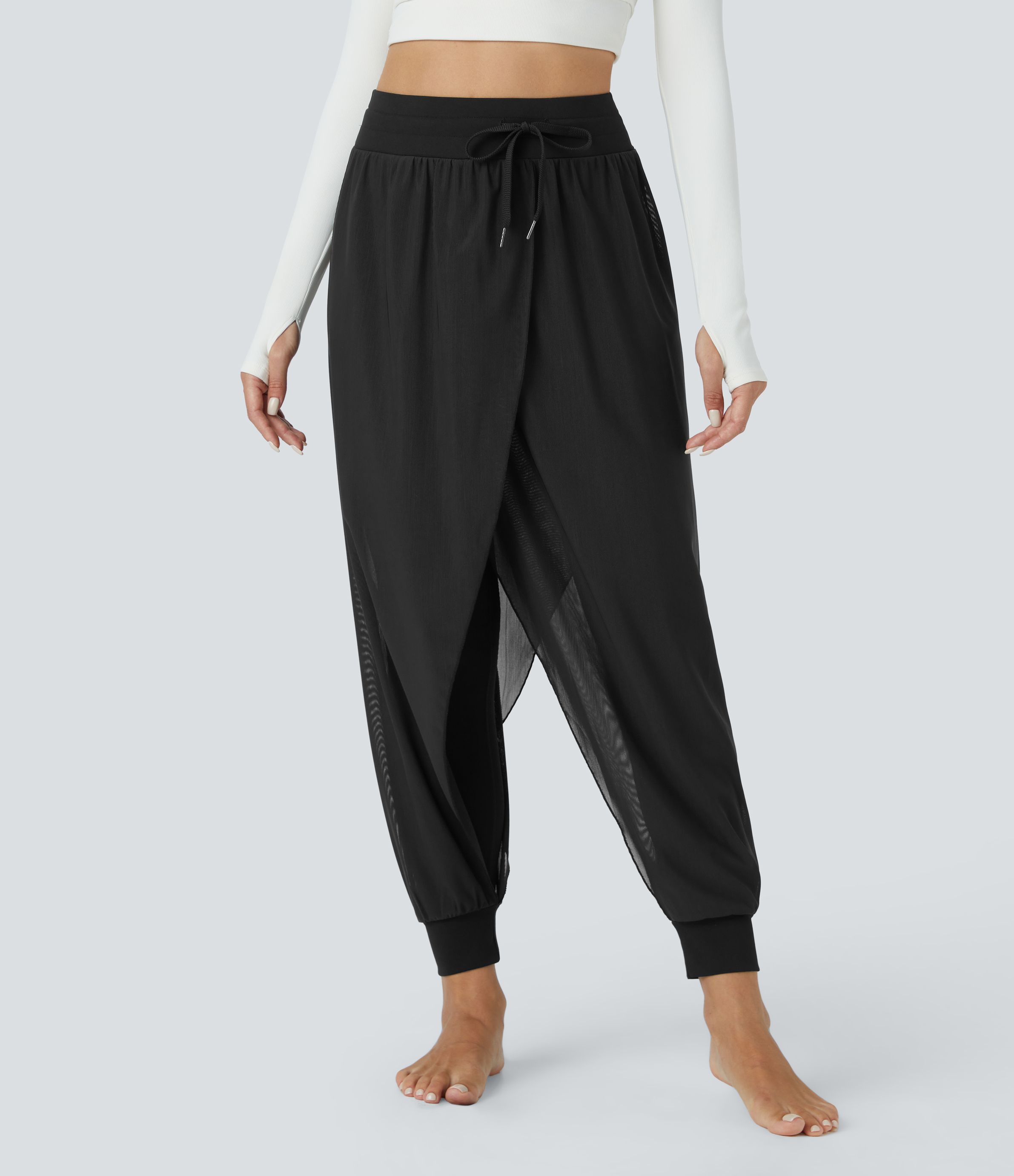 Halara High Waisted Side Drawstring Contrast Mesh Flowy Solid Yoga Joggers  - Black - M 