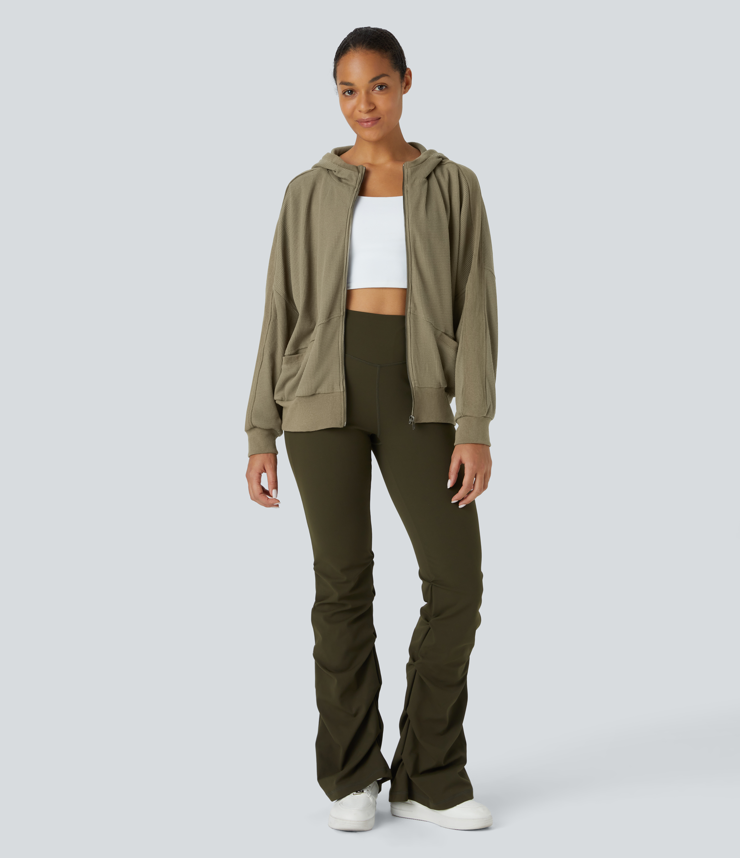 Halara Hooded Zipper Dropped Shoulder Pocket Waffle Casual Jacket  - Deep Drape Green - M 