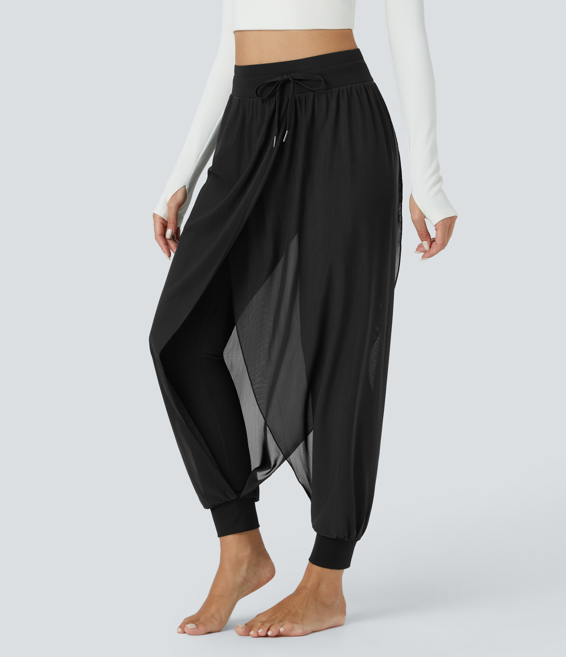 Halara High Waisted Side Drawstring Contrast Mesh Flowy Solid Yoga Joggers  - Black - M 
