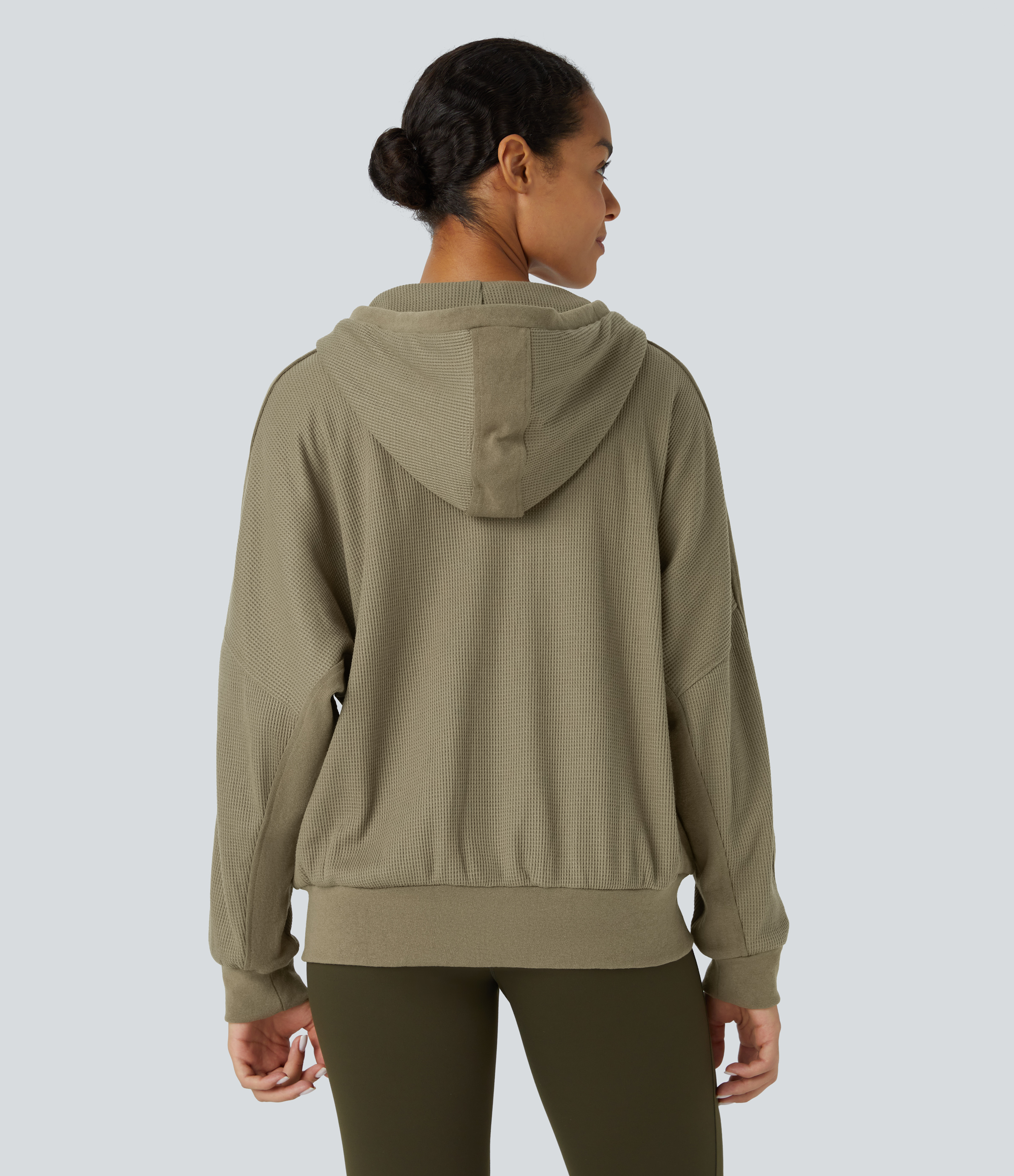 Halara Hooded Zipper Dropped Shoulder Pocket Waffle Casual Jacket  - Deep Drape Green - M 