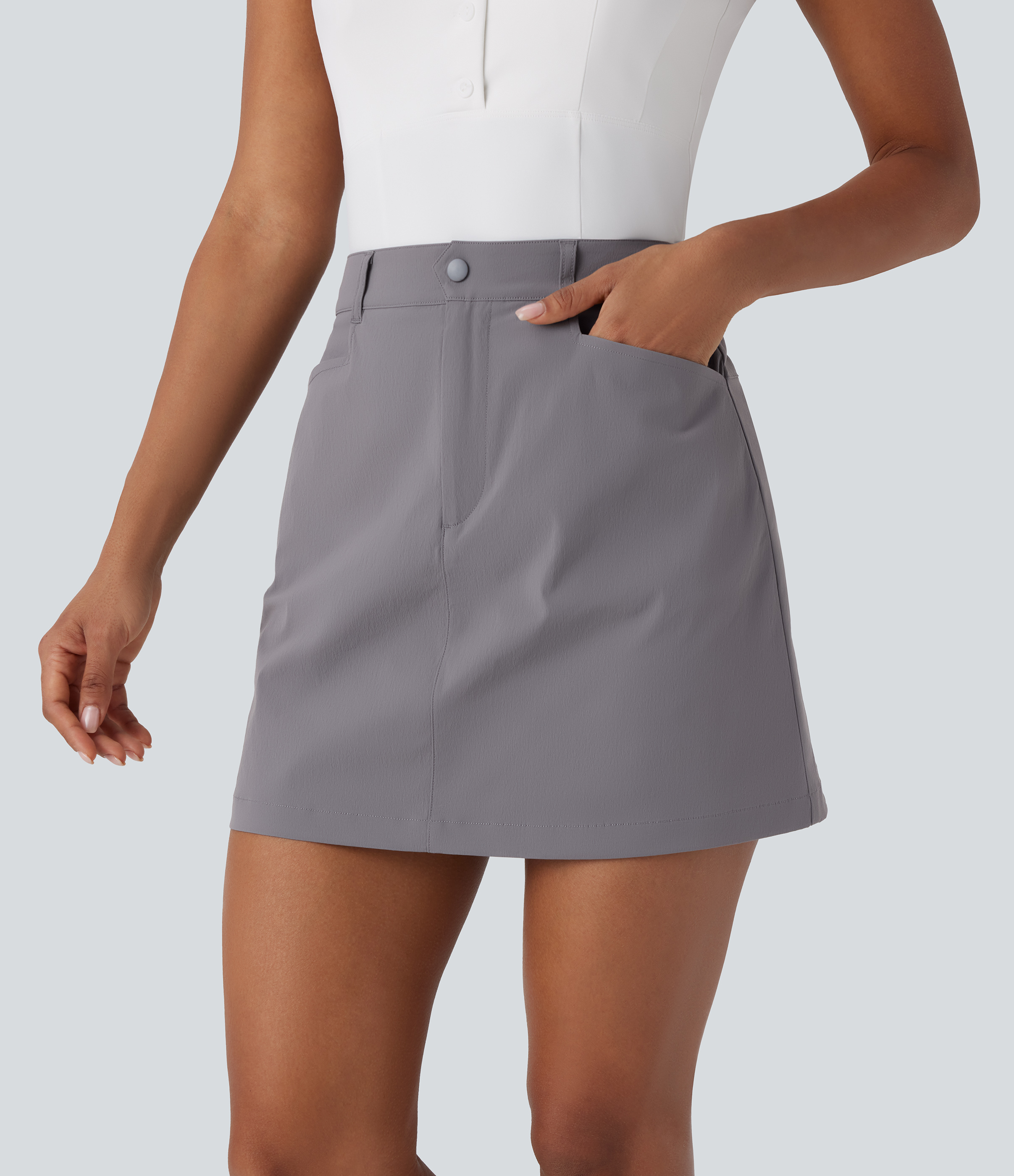 Halara High Waisted Button Zipper Side Pocket A Line Split Mini Golf Skirt  - Steel Gray - M(regular) midi skirt a line skirt golfing skirt 