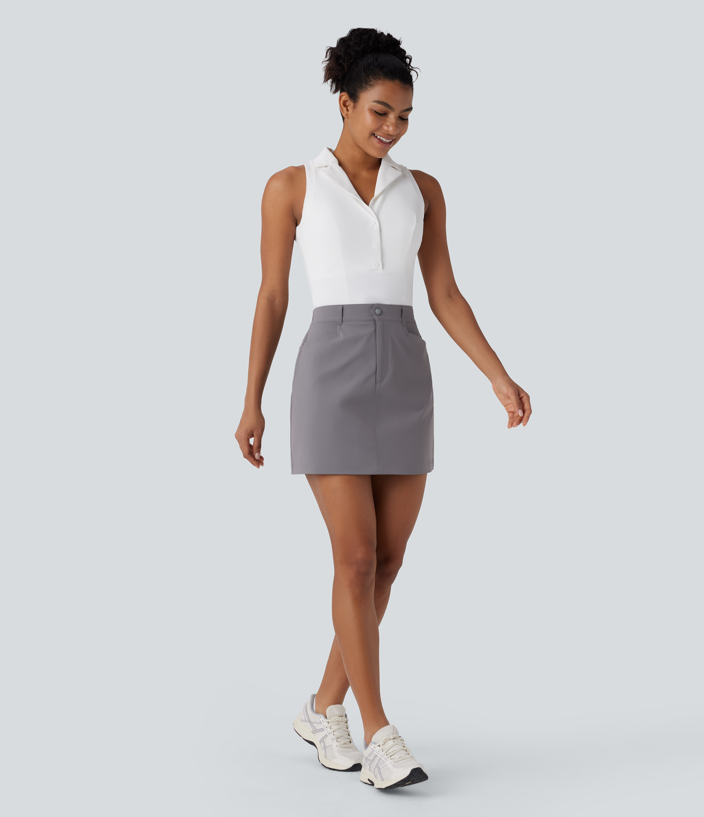 Halara High Waisted Button Zipper Side Pocket A Line Split Mini Golf Skirt  - Steel Gray - M(regular) midi skirt a line skirt golfing skirt 
