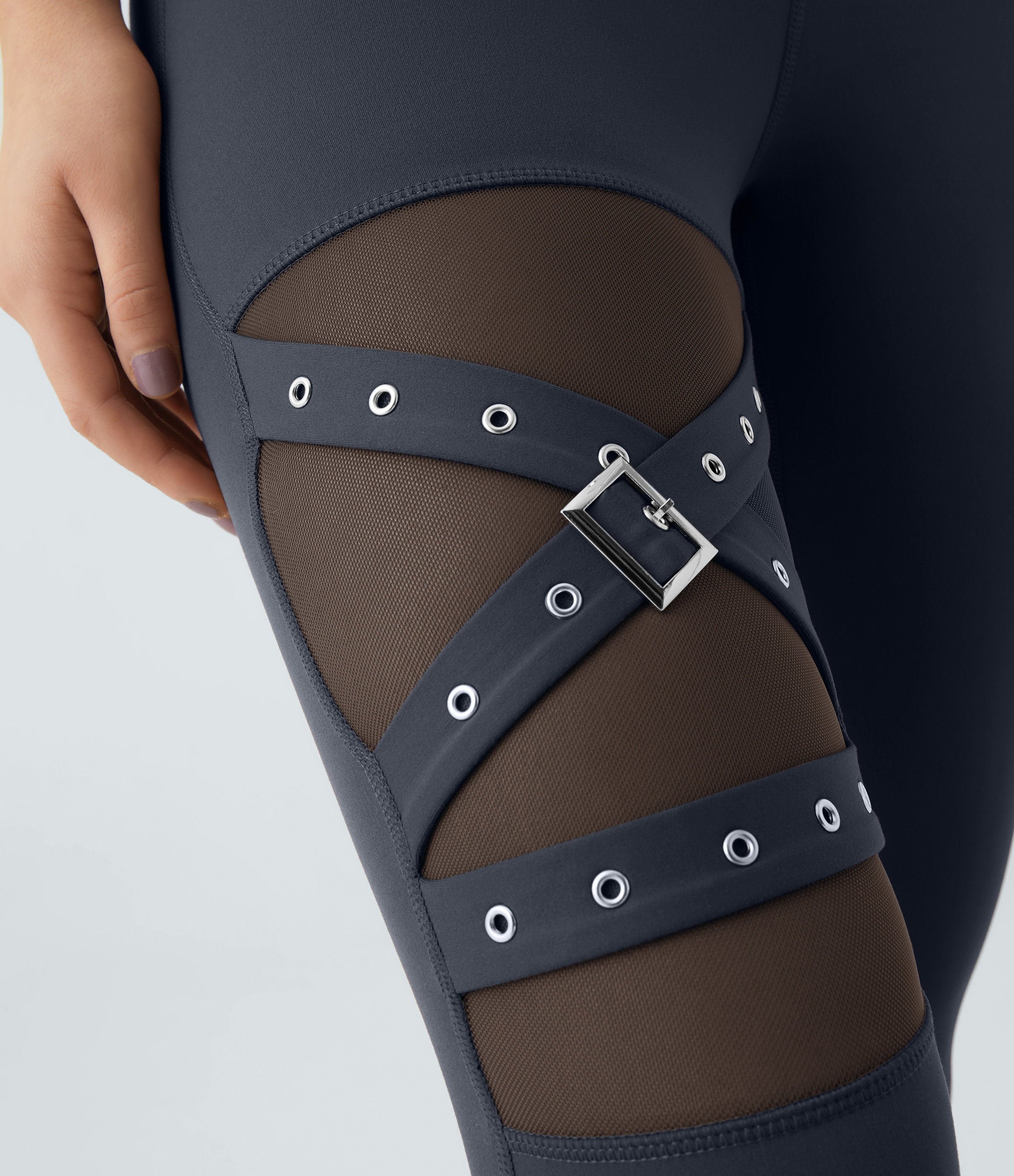 Halara High Waisted Crossover Contrast Mesh Decorative Buckle Yoga 7/8 Leggings  - Midnight Blue - XS(7/8) gym leggings leggings with pockets 