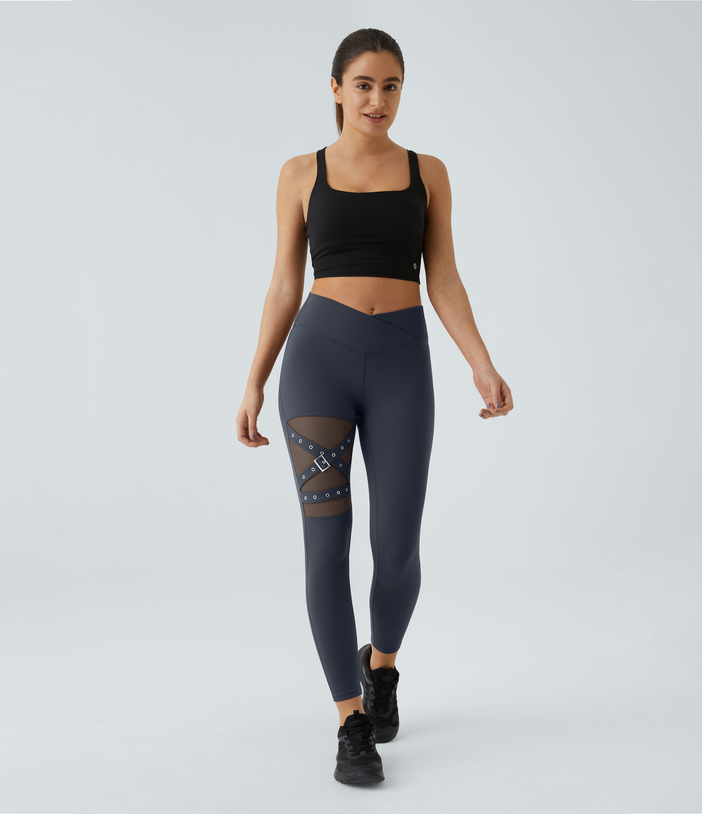 Halara High Waisted Crossover Contrast Mesh Decorative Buckle Yoga 7/8 Leggings  - Midnight Blue - XS(7/8) gym leggings leggings with pockets 