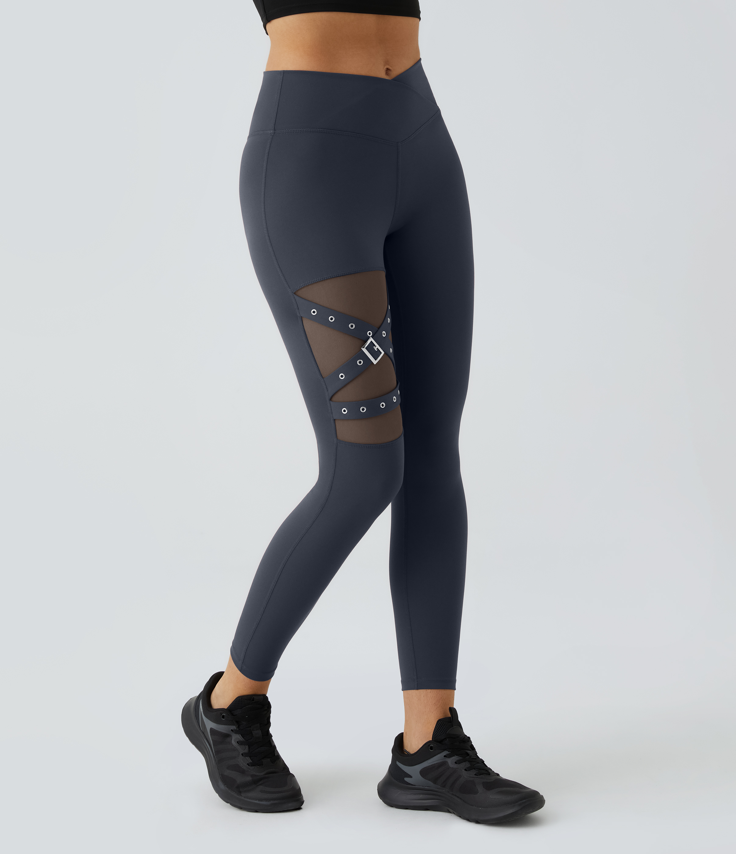 Halara High Waisted Crossover Contrast Mesh Decorative Buckle Yoga 7/8 Leggings  - Midnight Blue - XS(7/8) gym leggings leggings with pockets 