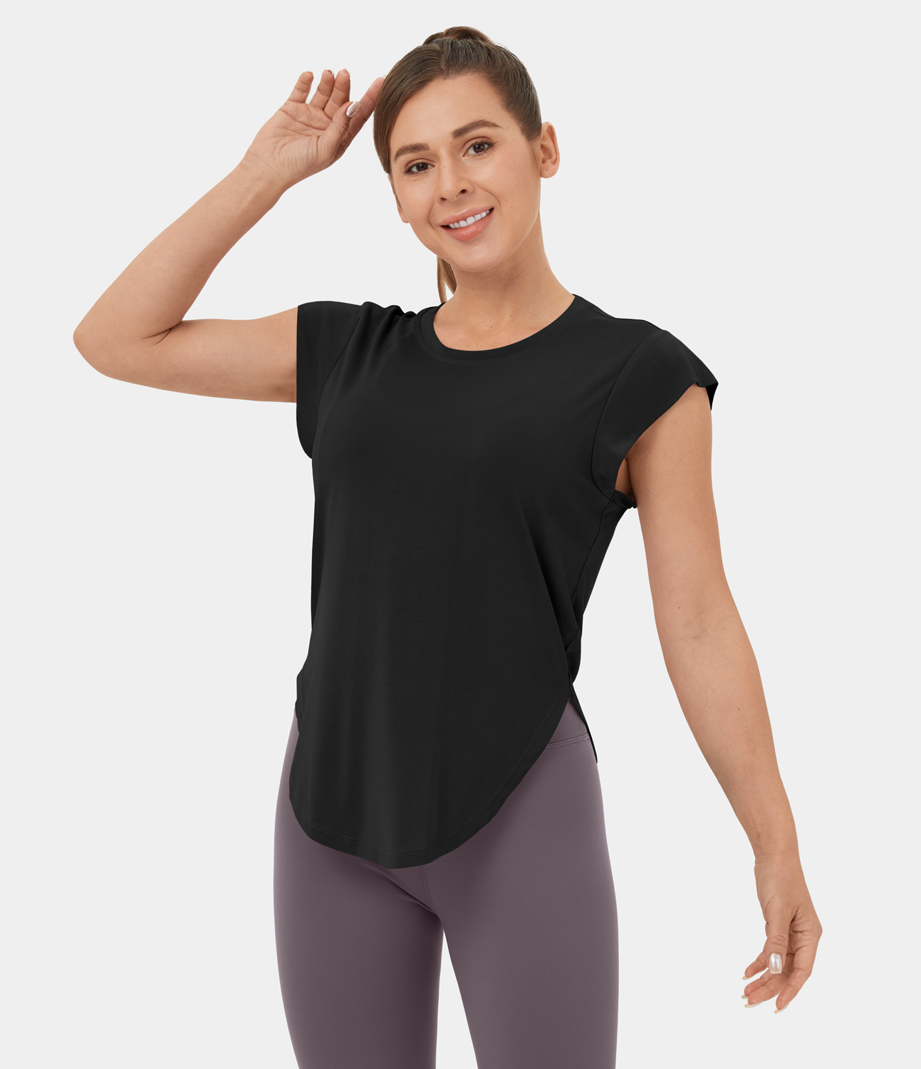 Halara Round Neck Curved Hem Yoga Sports Top  - Black - S 