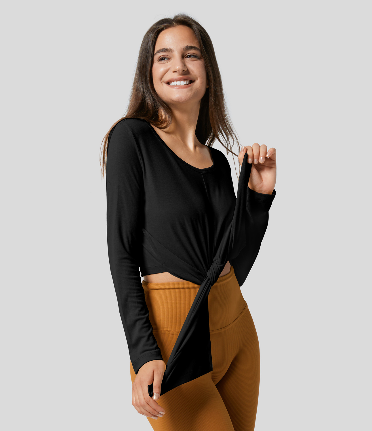Halara Ribbed Round Neck Long Sleeve Crossover Hem Button Solid Yoga Sports Top  - Black - L 