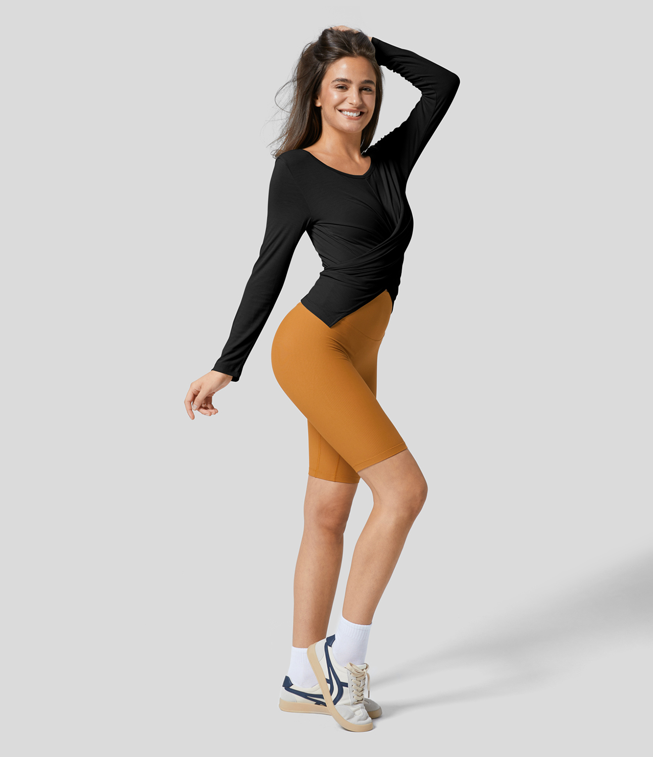 Halara Ribbed Round Neck Long Sleeve Crossover Hem Button Solid Yoga Sports Top  - Black - L 
