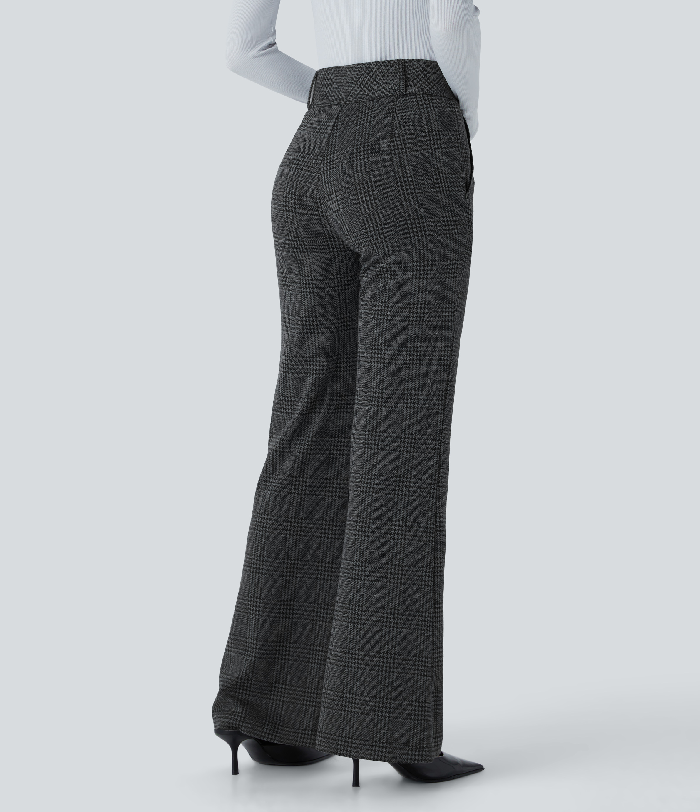 Halara Halara Flexв„ў High Waisted Decorative Button Side Pocket Houndstooth Plaid Work Flare Pants  - Charcoal Black Houndstooth Plaid - XL(regular) 