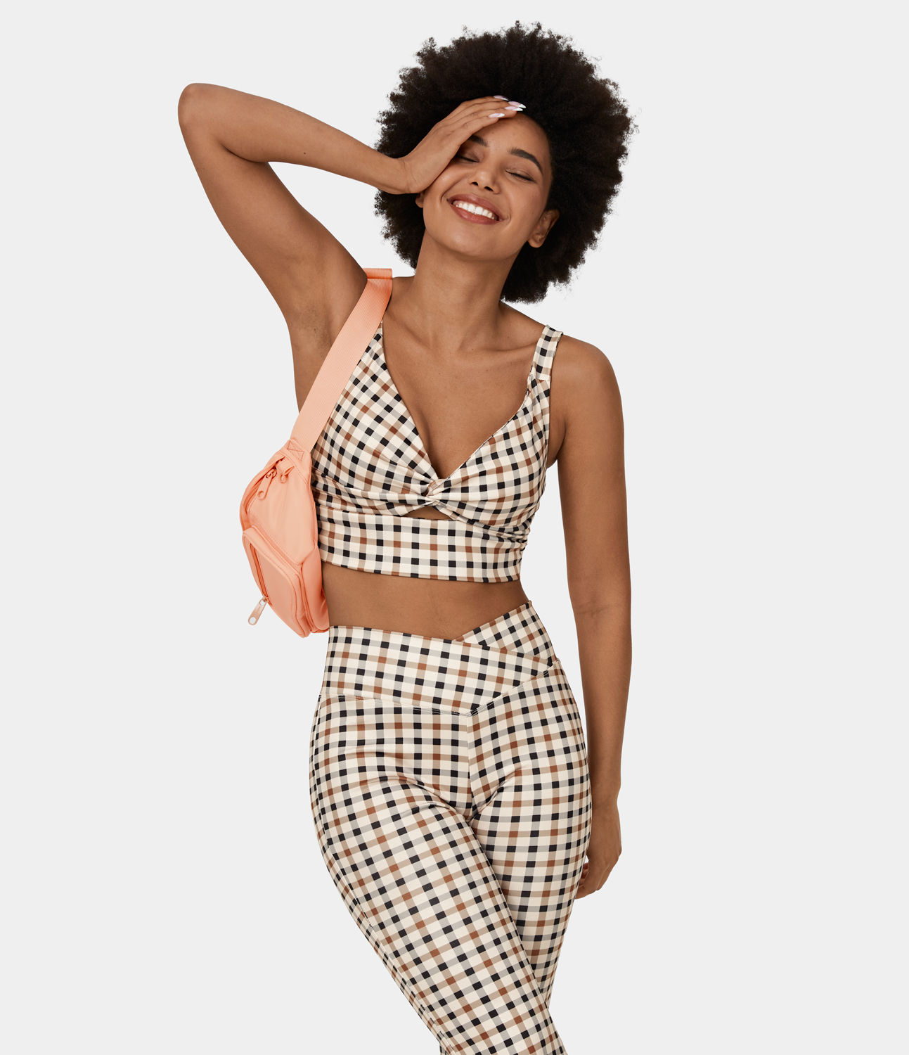 Halara Low Support Twisted Cut Out Backless Vintage Plaid Yoga Sports Bra  - Black Brown Plaid - XL push up bra strapless bra backless bra 