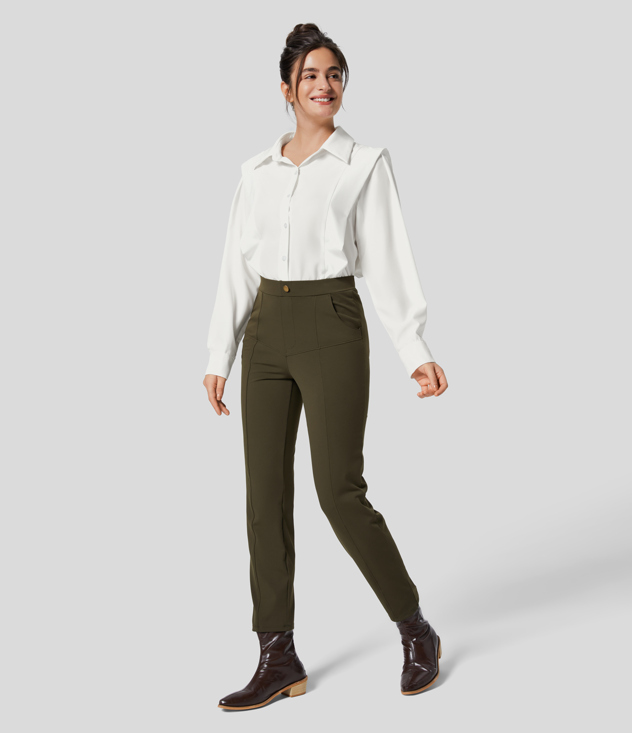Halara Collared Button Long Sleeve Casual Shirt  - White - XS 