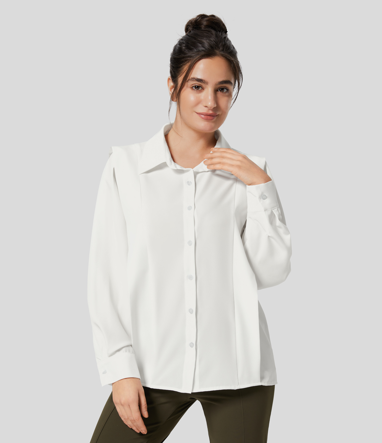 Halara Collared Button Long Sleeve Casual Shirt  - White - XS 