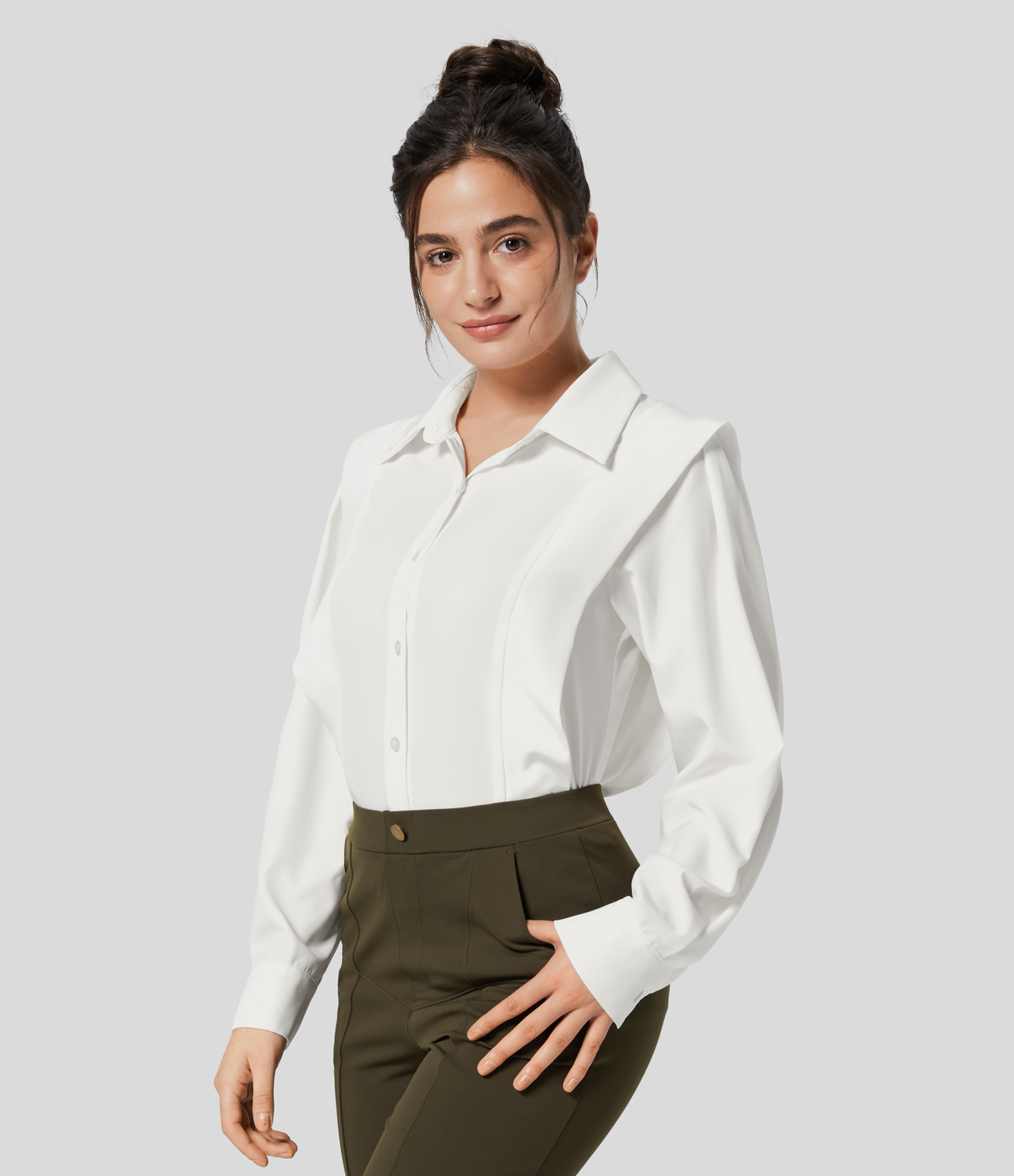 Halara Collared Button Long Sleeve Casual Shirt  - White - XS 