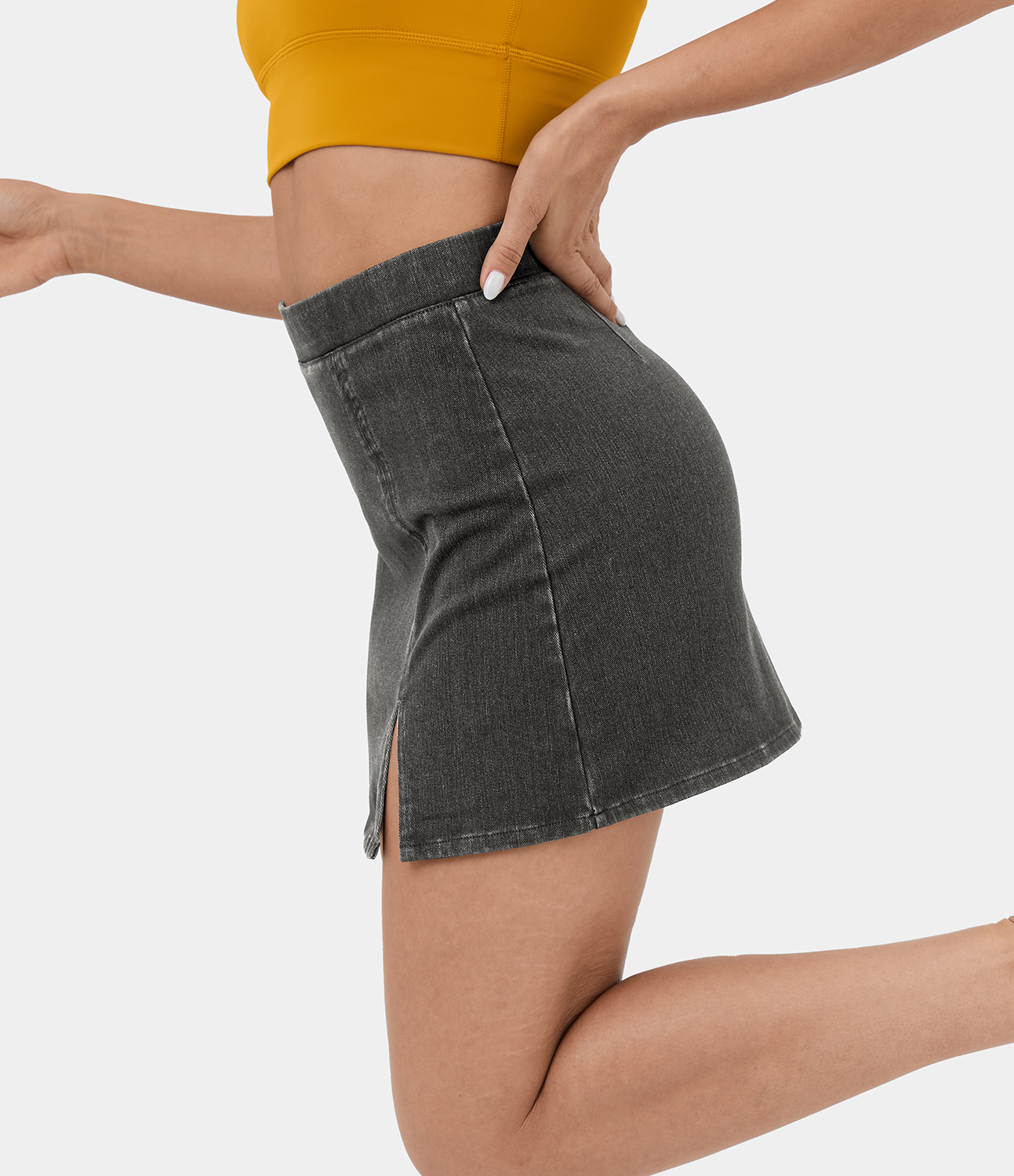 

Halara HalaraMagicв„ў High Waisted Split Hem Stretchy Knit Denim Mini Casual Skirt - Dark Grey Denim