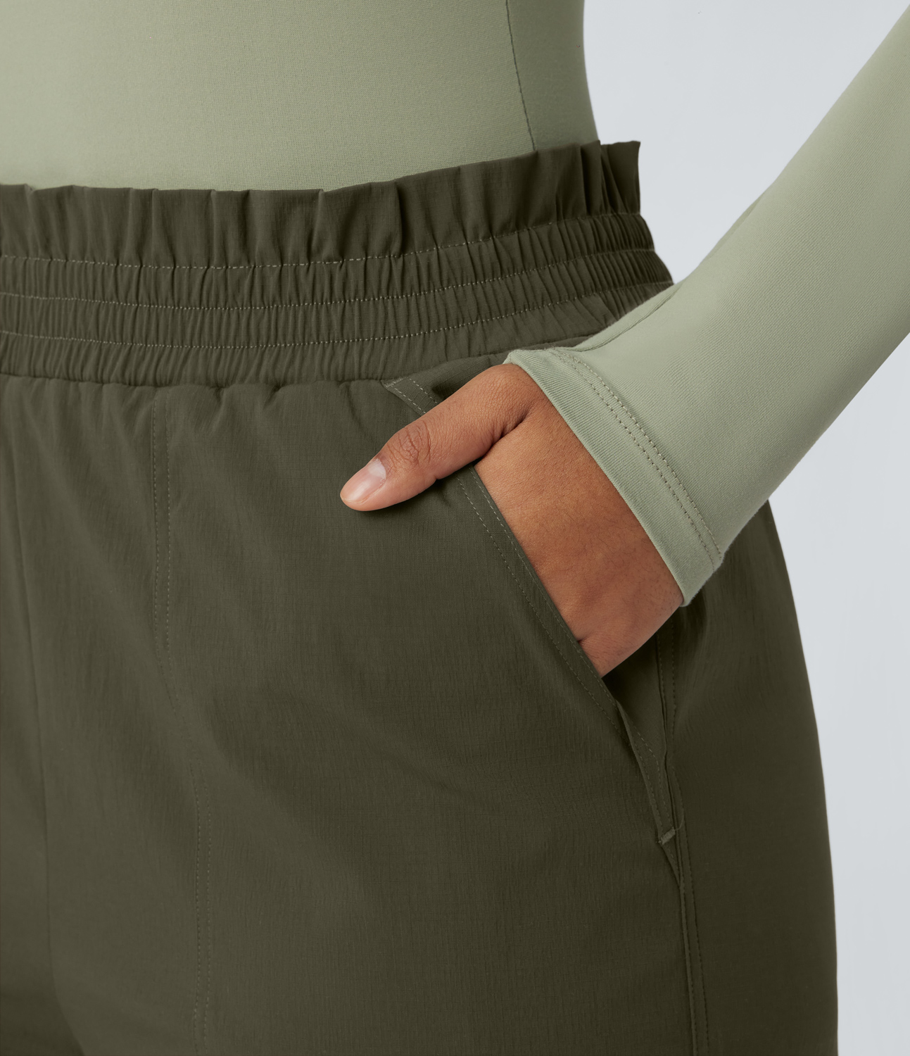 Halara Water Repellent Frill High Waisted Side Pocket Adjustable Drawcord Ripstop Hiking Pants  - Twilight Green - XL(regular) 