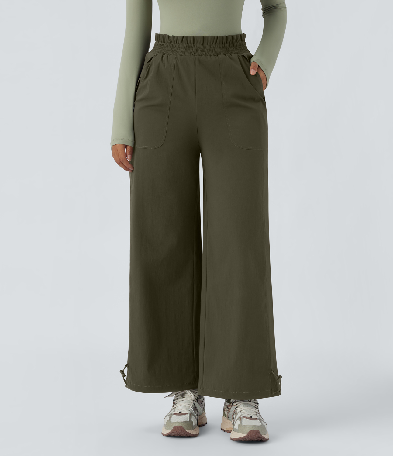 Halara Water Repellent Frill High Waisted Side Pocket Adjustable Drawcord Ripstop Hiking Pants  - Twilight Green - XL(regular) 