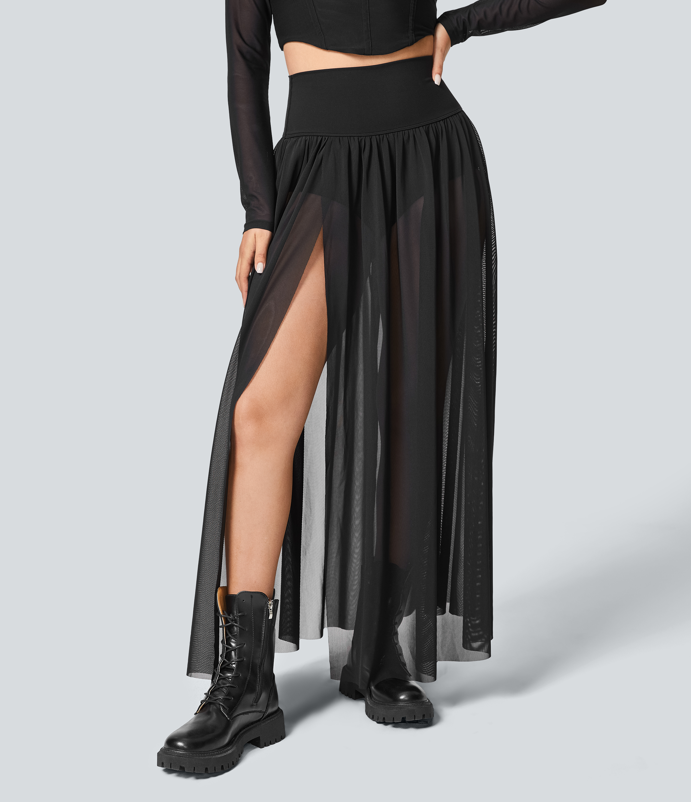 Halara High Waisted Plicated Split 2-in-1 Mesh Flowy Maxi Casual Skirt  - Black - S(regular) 