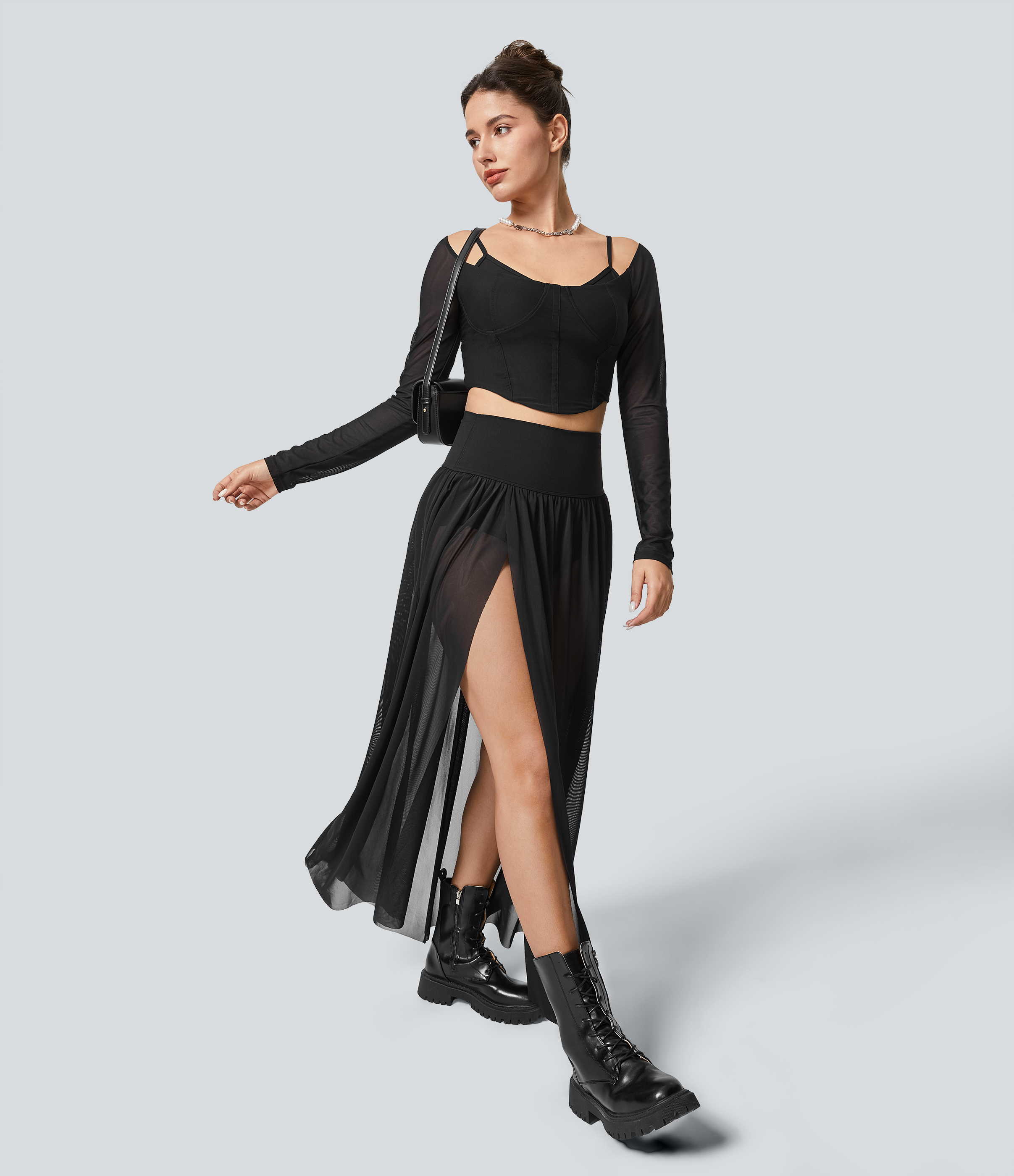 Halara High Waisted Plicated Split 2-in-1 Mesh Flowy Maxi Casual Skirt  - Black - S(regular) 