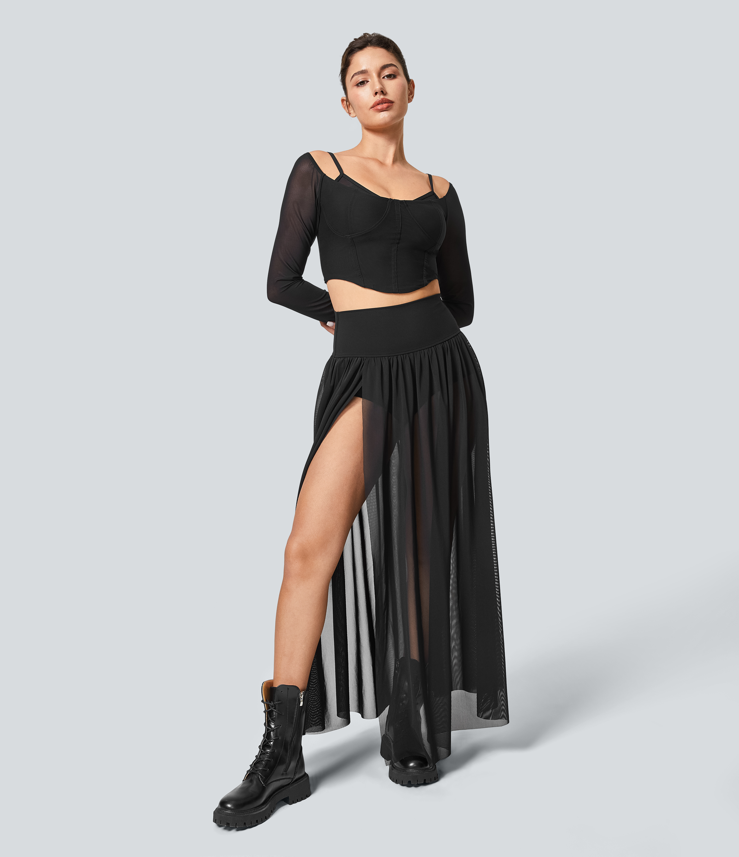 Halara High Waisted Plicated Split 2-in-1 Mesh Flowy Maxi Casual Skirt  - Black - S(regular) 