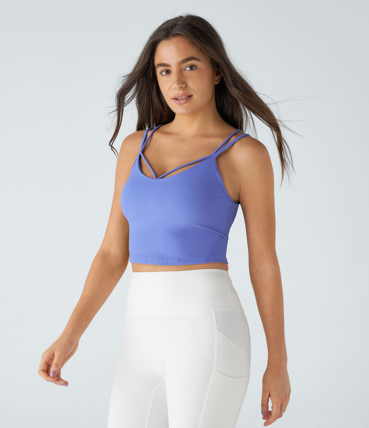 Halara Ribbed Knit Backless Double Straps Yoga Cami Top Tank Top - Baja Blue - L golf tops halter top tunic tops sleeveless tops backless top 