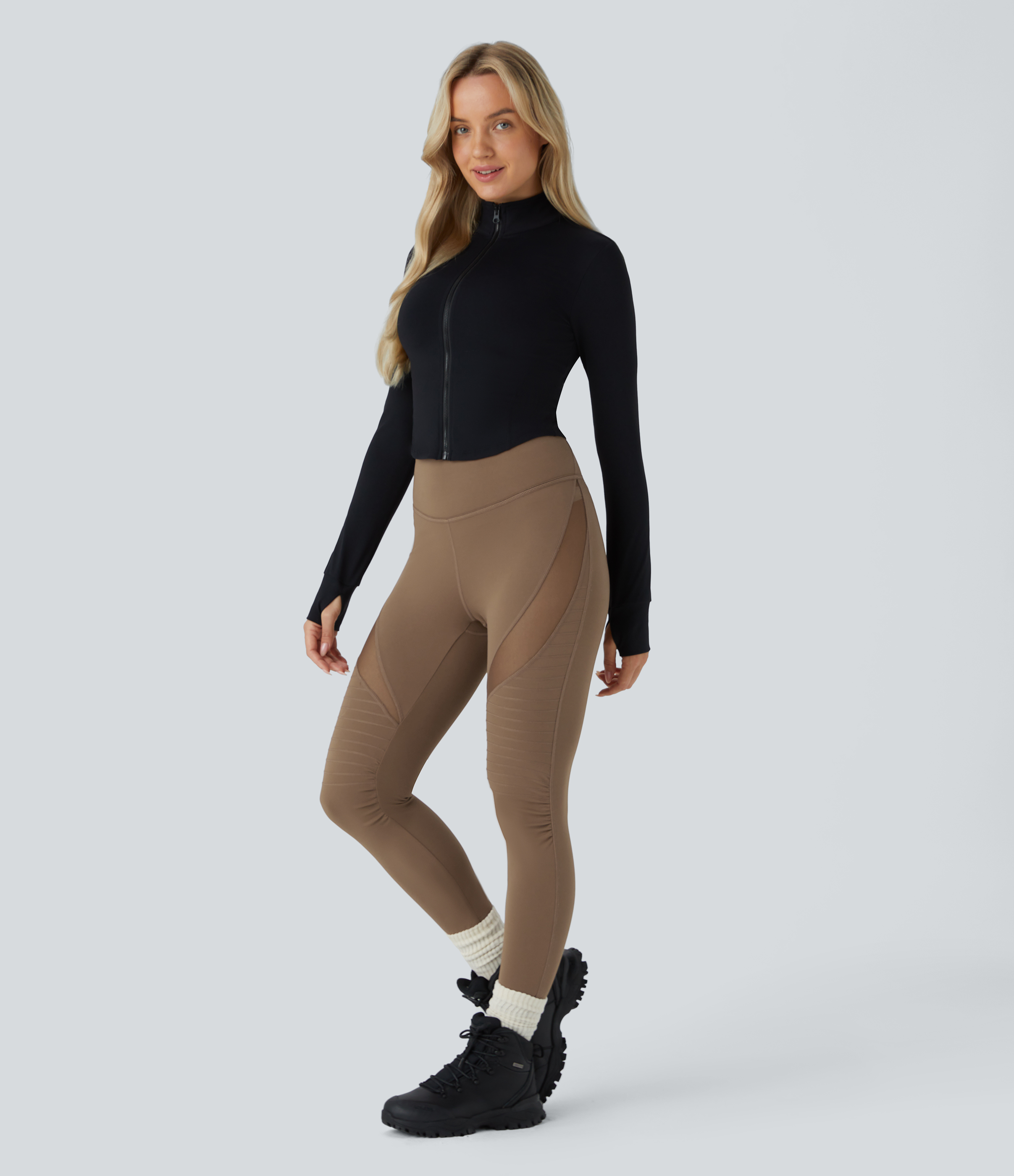 Halara High Waisted Contrast Mesh Top-stitching 7/8 Casual Moto Leggings  - Sepia - M(7/8) gym leggings leggings with pockets 
