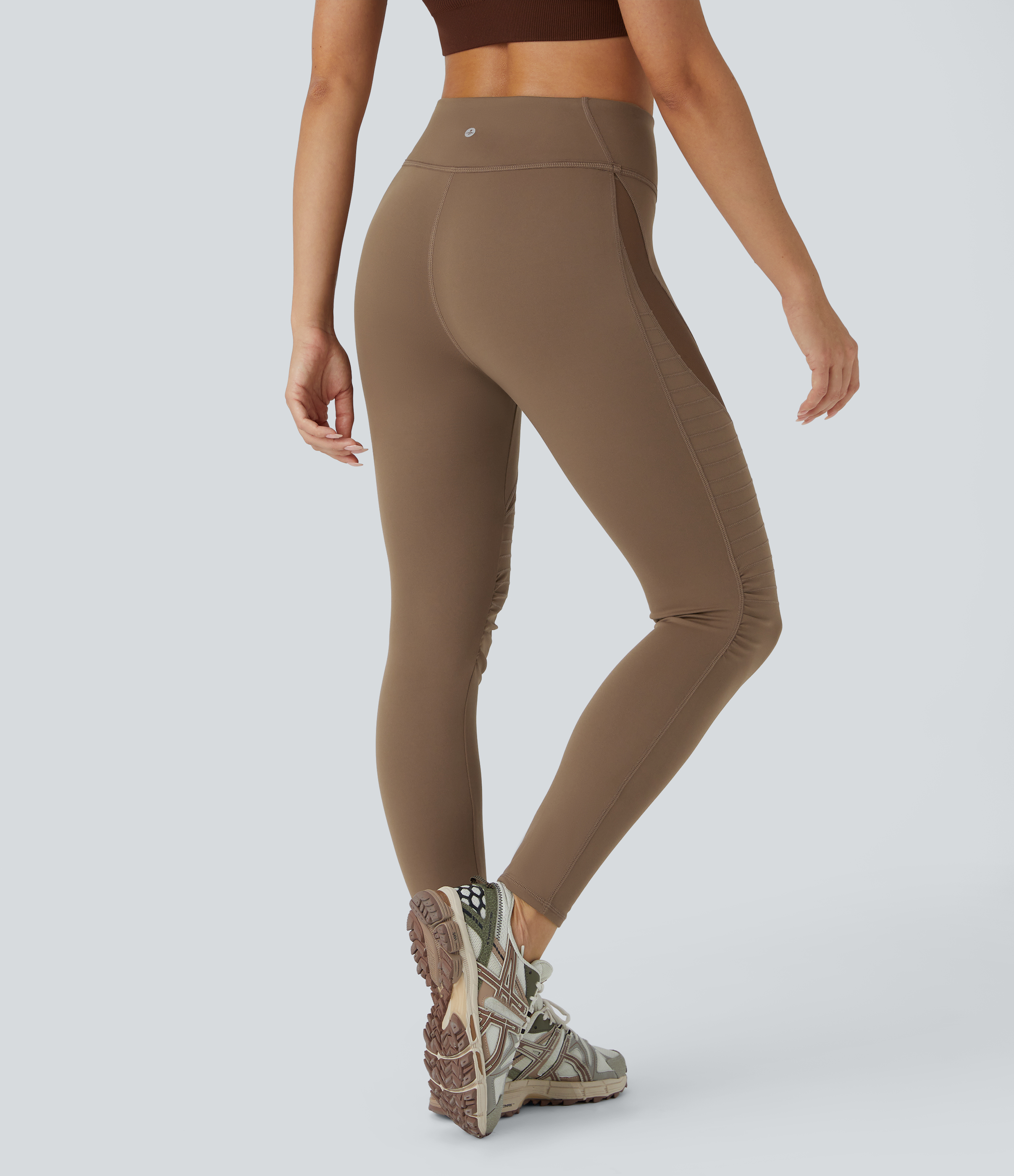 Halara High Waisted Contrast Mesh Top-stitching 7/8 Casual Moto Leggings  - Sepia - M(7/8) gym leggings leggings with pockets 