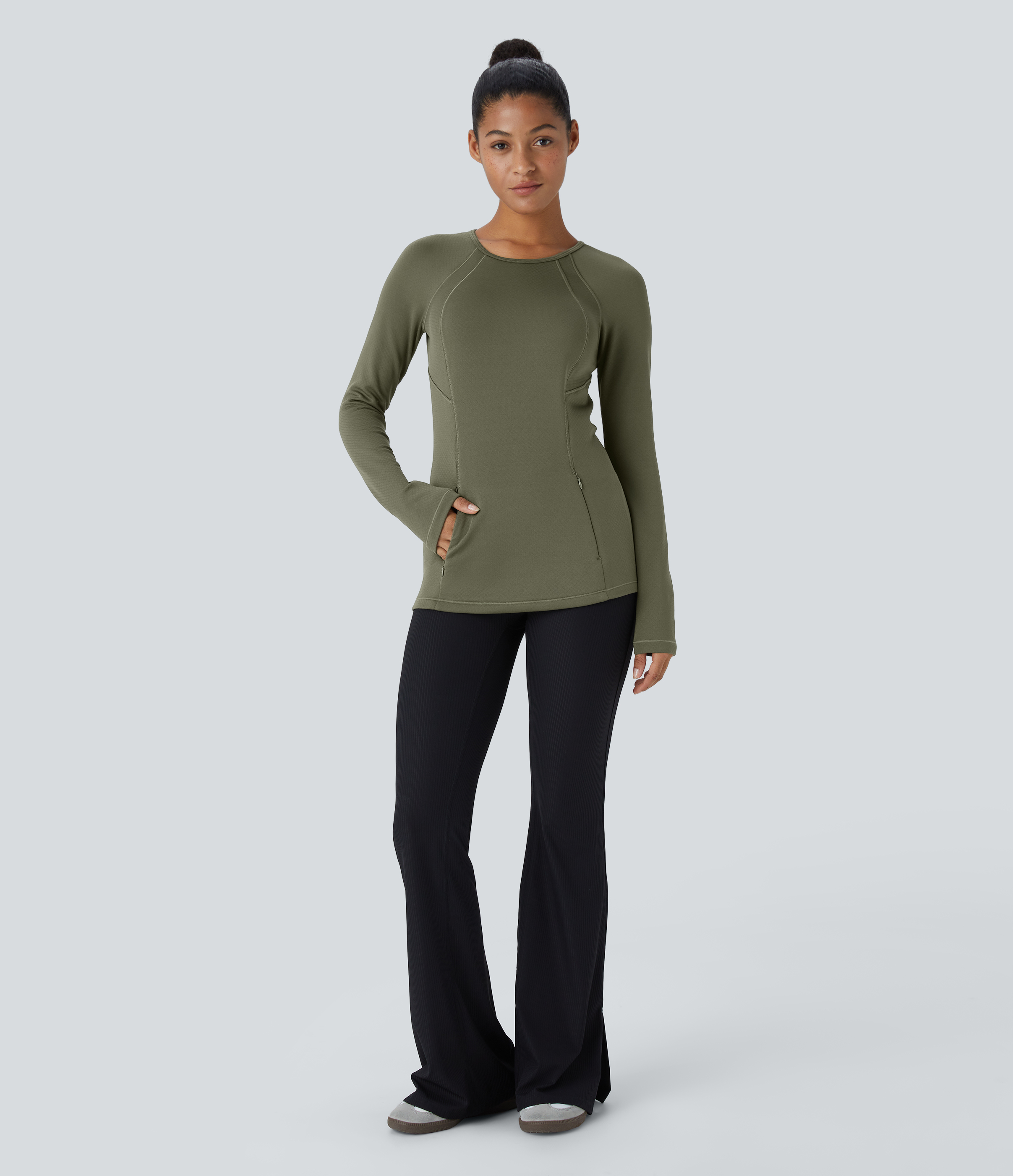 Halara 3D Thermal Round Neck Side Zip Pocket Bodycon Casual Sports Sweatshirt  - Grass Grey Green - XS 