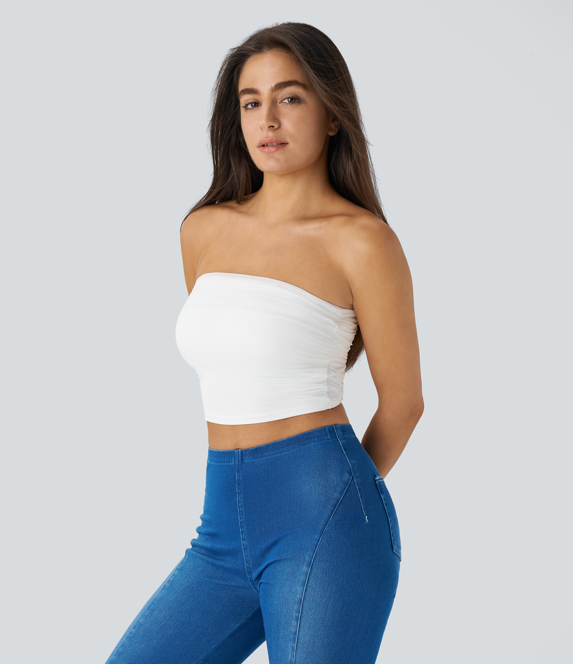 Halara Tube Backless Ruched Contrast Mesh Cropped Casual Top Tank Top - White - M golf tops halter top tunic tops sleeveless tops 