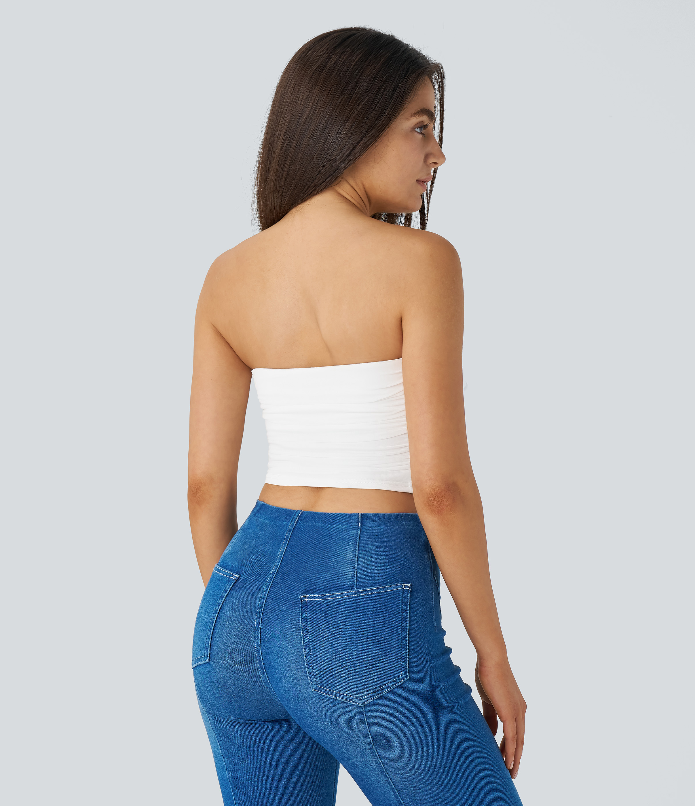 Halara Tube Backless Ruched Contrast Mesh Cropped Casual Top Tank Top - White - M golf tops halter top tunic tops sleeveless tops 