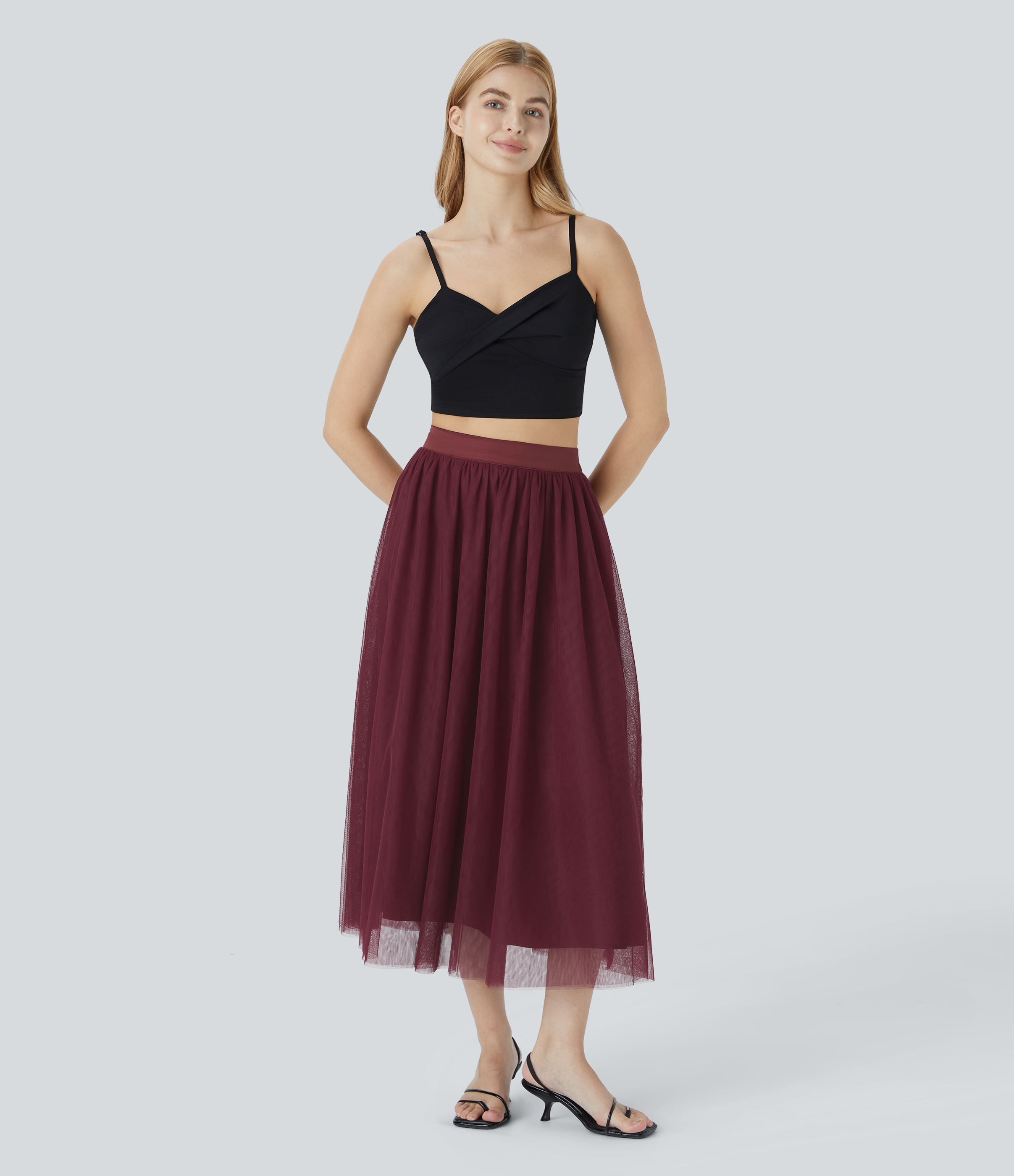 Halara High Waisted Mesh Overlay Flowy Flare Midi Casual Skirt  - Zinfandel - M(regular) 