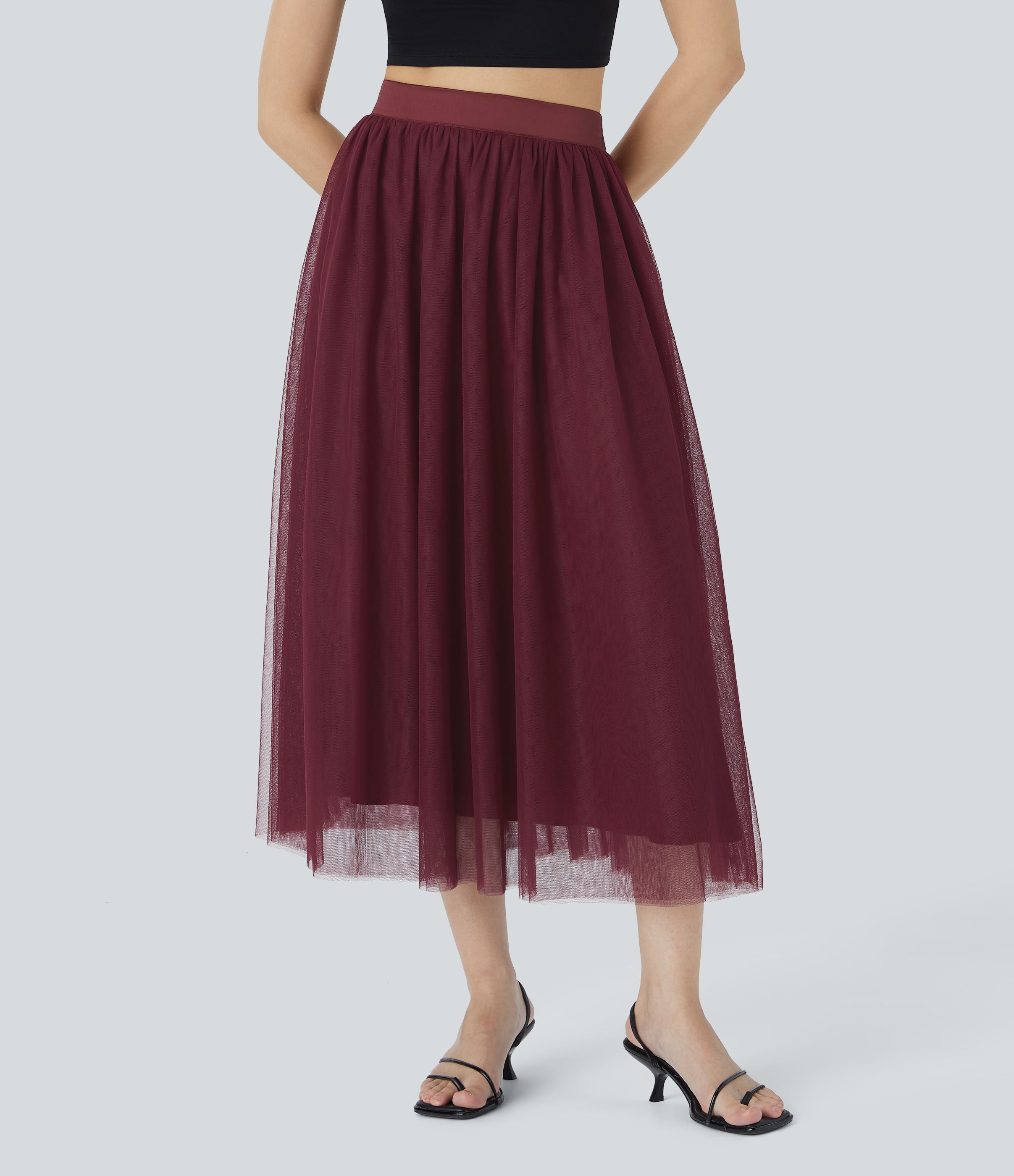 Halara High Waisted Mesh Overlay Flowy Flare Midi Casual Skirt  - Zinfandel - M(regular) 